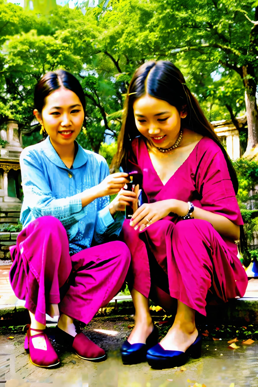 Bagan Pagoda and village girl applying make-up