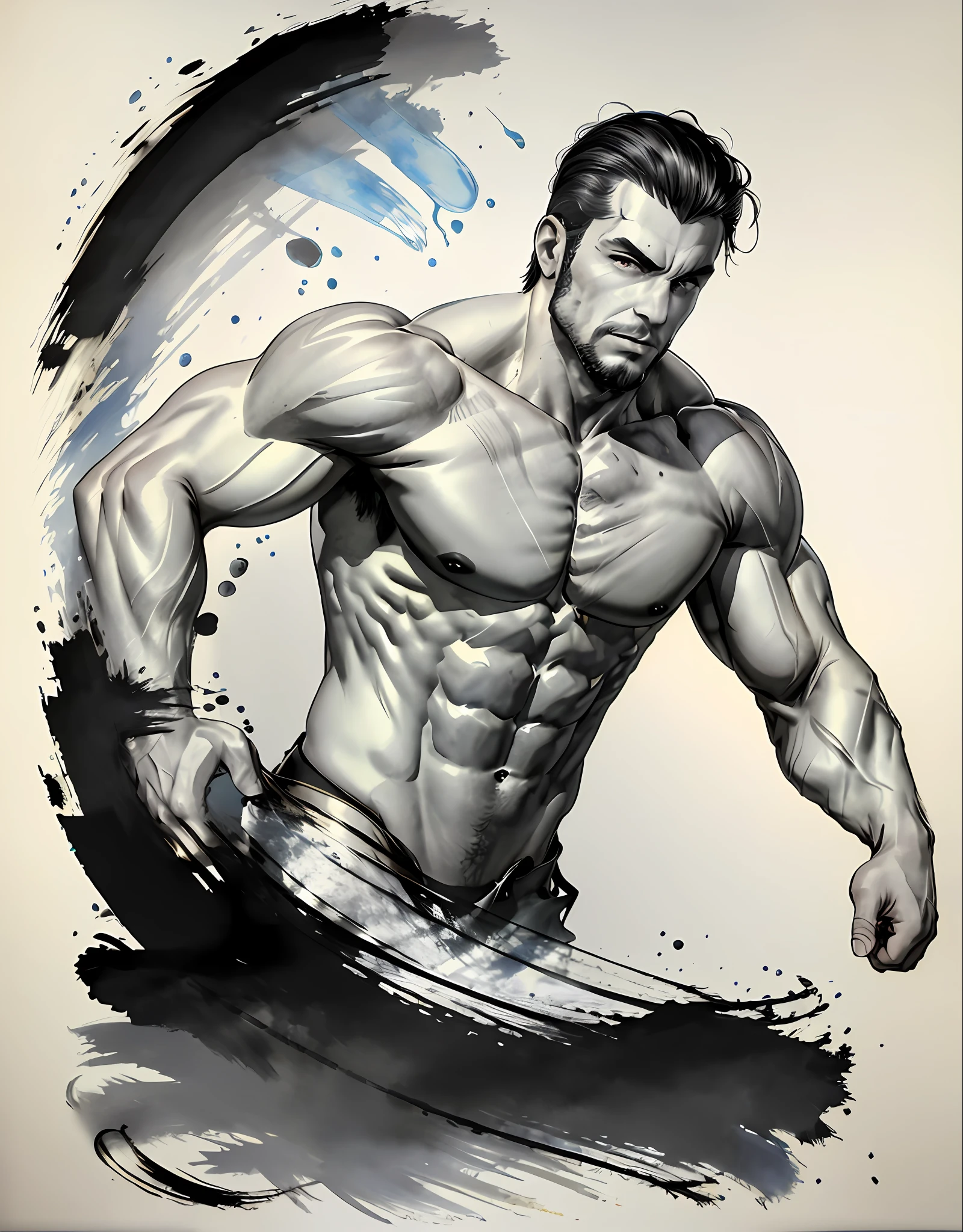 (masterpiece,best quality) , 1man, muscular, detailed eyes, quarter body, looking at viewer, ink sketch, no clothes, topless, (clenched hand ), (splashing,abstract background),