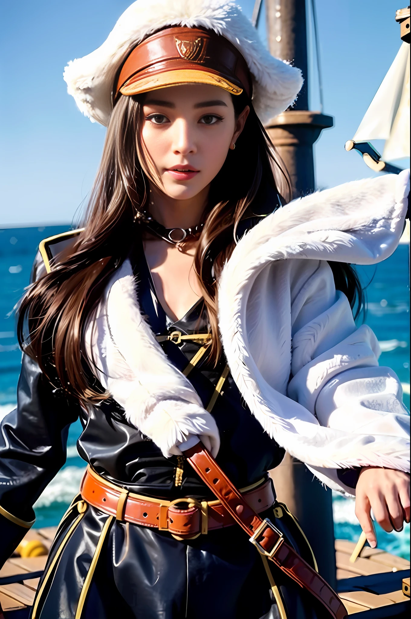 female cat furry, fantasy medieval pirate, saber in a hand, bandana, pirate hat, cocked hat, on a ship, sails, ocean and sky on background, only character, correct female anatomy, beautiful woman anthro, cat head, furry art by greg rutkowski, digital art by artgerm, detailed art, masterpiece, digital painting, correct anatomy