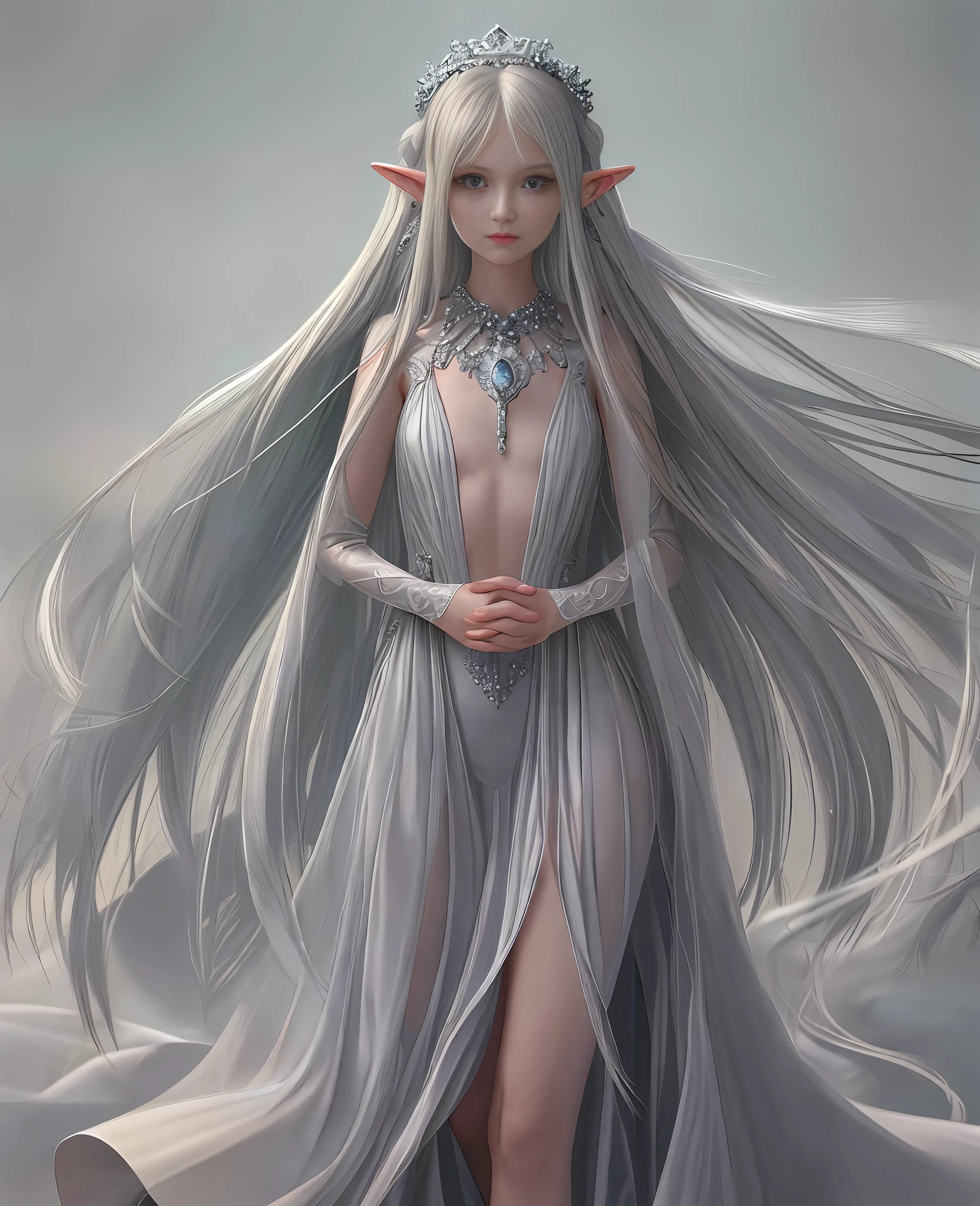 Best Quality, Masterpiece, High Resolution, 1 Elf Girl, Long Silver Hair, Long Back Dress, Hair Accessories, Necklace, Jewelry, (Delicate and Beautiful Delicate Face, Delicate and Beautiful Delicate Eyes, Perfect Proportions of Face, High Detail Skin, Delicate Skin, Best Ratio of Four Fingers and One Thumb, Arms Under Chest, Medium Large Chest) , Wide Hips, Smooth Abdomen, Thin and Thin, __fashion__, __hair__:1.25), __ location__, no hands, no hands, no missing fingers,