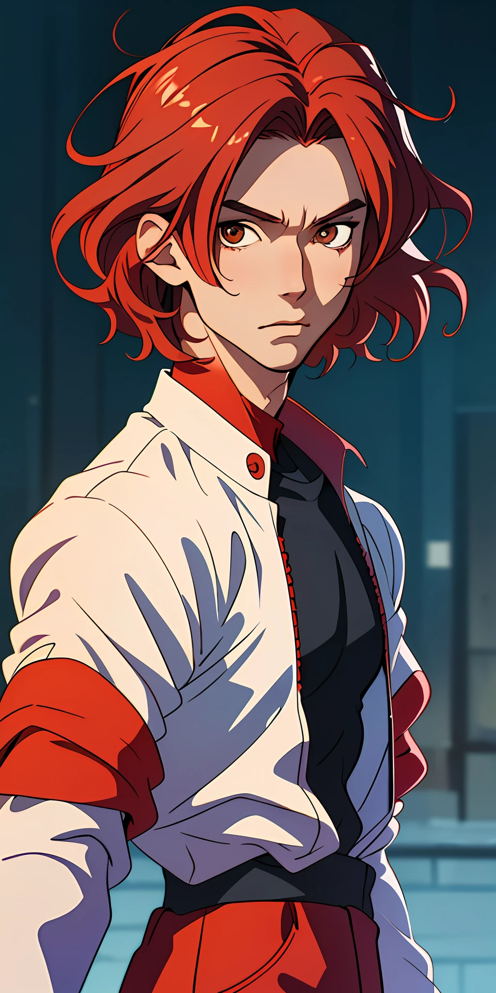(best quality, masterpiece), 1boy looking at the viewer, blurred background, upper body, contemporary, wavy red hair, manhwa style