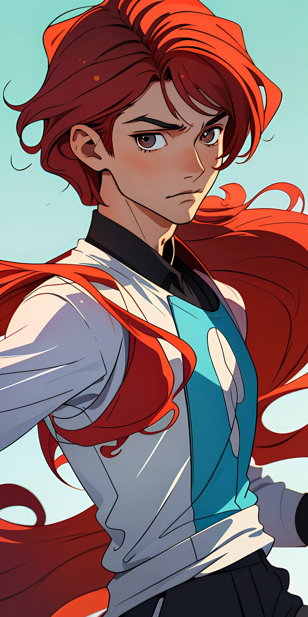 (best quality, masterpiece), 1boy looking at the viewer, blurred background, upper body, contemporary, wavy red hair, manhwa style