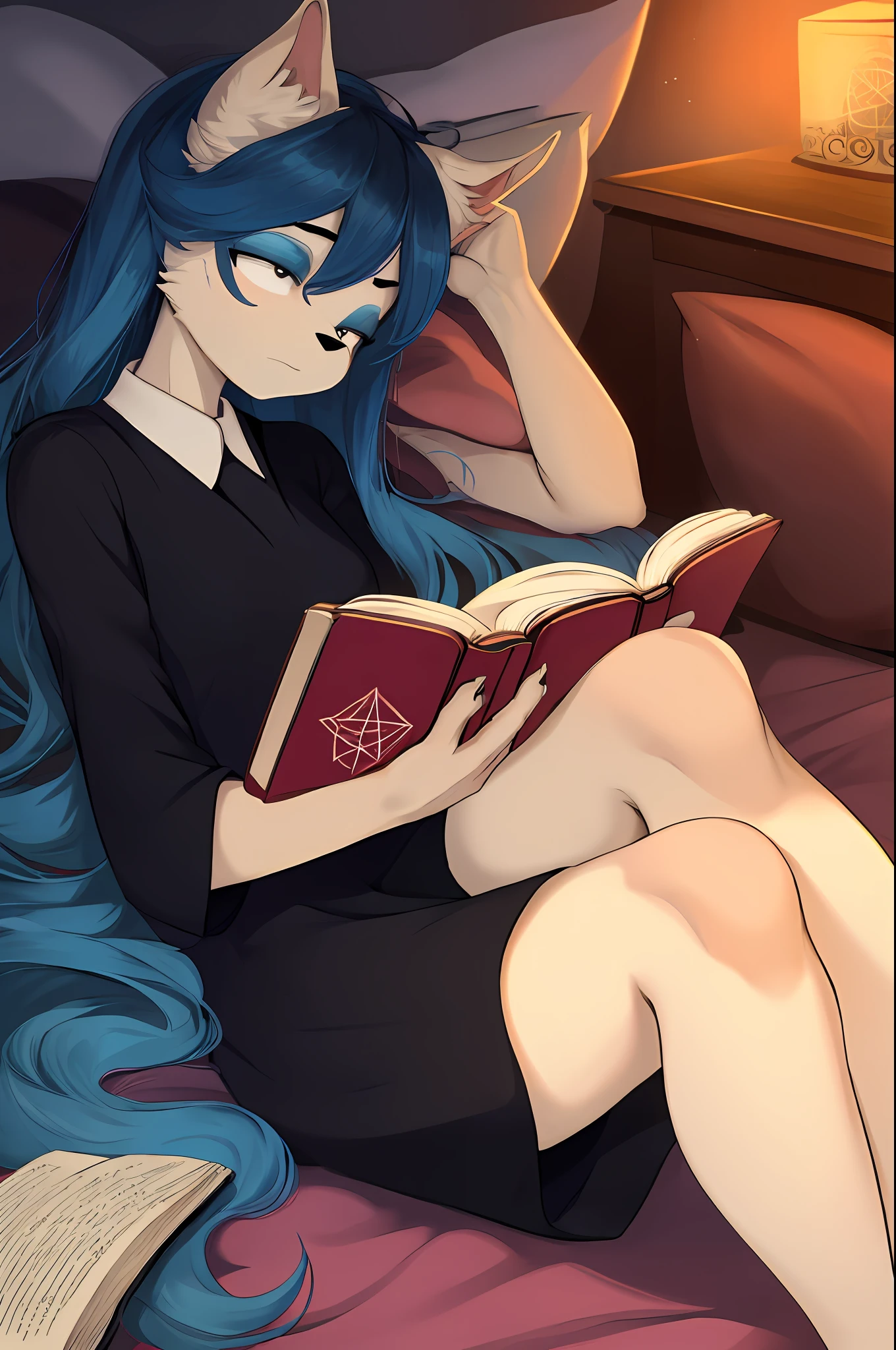 claire, pentagram on middle of forehead, furry catgirl, (((masterpiece))), (detailed), high-resolution, cel shading, (beautiful portrait),, long messy hair (blue), Black collared dress, short sleeves, :3, expressionless face, cat nose (black), 1 pair of cat ears, white fur (whole body), detailed fur (best quality), cozy bed, reading a book, (holding book in hands:1.2), laying on bed, laying on pillow, alluring pose,