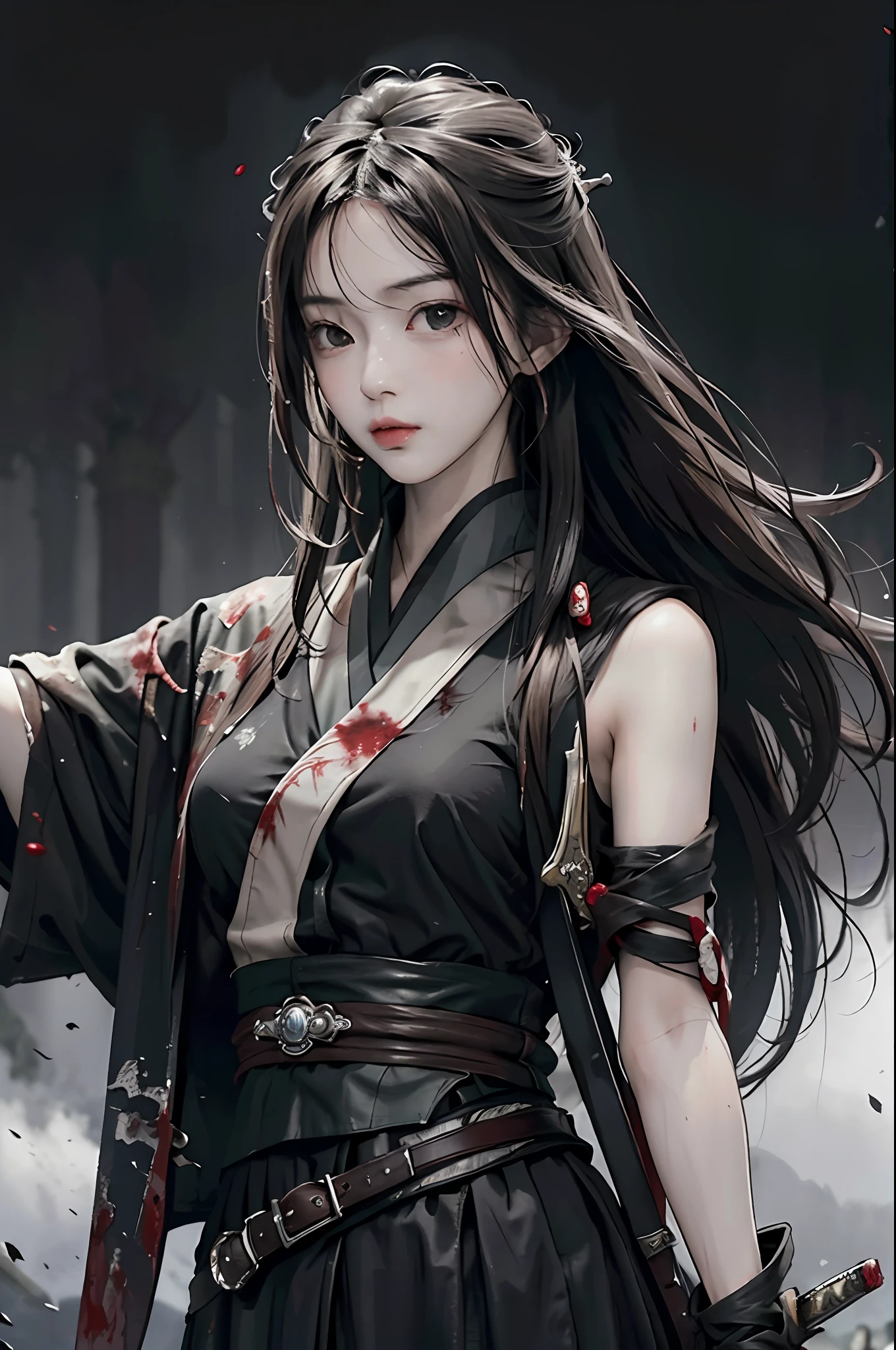 RAW Photo, 4k, Realistic, Delicate and Meticulous Skin), Masterpiece, Best Quality, Official Art, Unity 8k Wallpaper, Ultra Detailed, (Dark Scene, Understated, Soft Light), Cinematic Look, High Saturation, Best Anatomy, Volumetric Fog, Samurai Girl, Slim Body, Full Body, Full Body, 1 Girl, Weapon, Sword, Long Hair, Brunette Hold, Hold, Solo, Hold Weapon, Blood, Sword, Armguard, Complex Background, Blood on Weapon, Looking at the Viewer, Black Eyes, Cloth, Floating Hair, Evil smile, Hanfu,