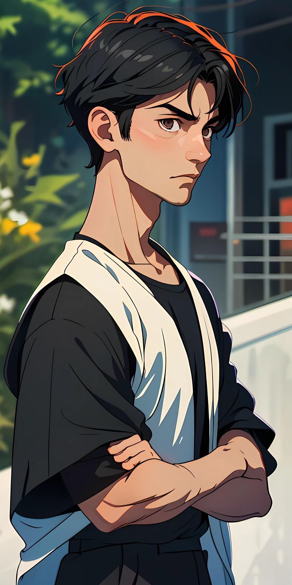 (best quality, masterpiece), 1boy, blurry background, upper body, contemporary, straight black hair drained to the shoulder