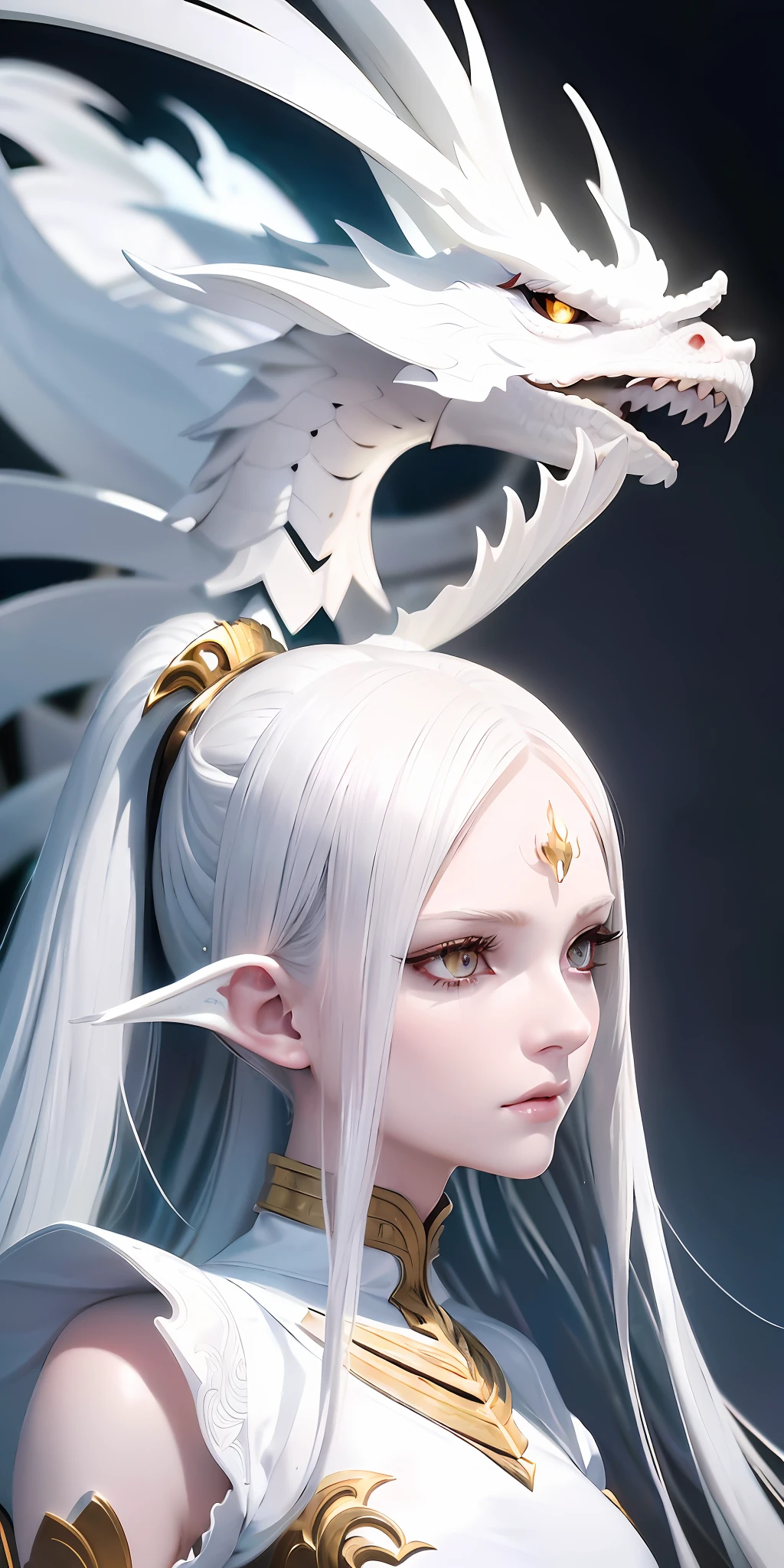 Excellent, masterpiece, white hair, golden eyes, white clothes, looking up, upper body, hair, fair skin, side braids, dragon girl, (aesthetic, pure beauty), (advanced light, sharp contrast, strong deep shadow strong), (perfect, details in place), (feminine, fantasy illustration, epic beauty, overhead lens, exquisite character art)