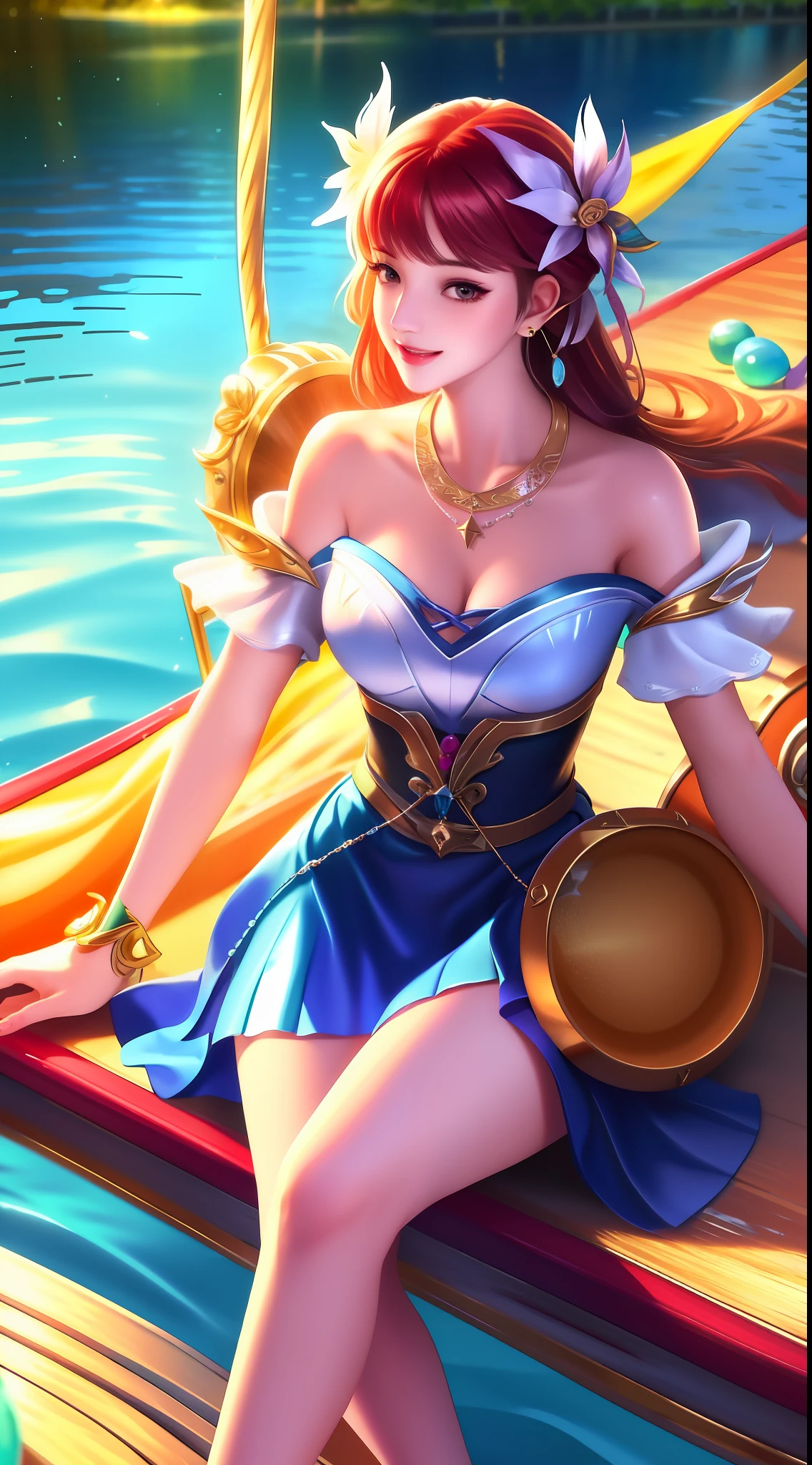 Best quality, masterpiece, high resolution, 1girl, transparent silk short skirt, beautiful face, hair ornament, sitting on the side of the boat holding ((lute)), one foot kicking out of the water to splash, girl mischievous smile, hair accessories, necklaces, jewelry, long hair, earrings, pale thighs, (rounded feet, perfect toes), realism, edge lighting, (high detail skin: 1.2), high quality, high resolution, 8k, background blur