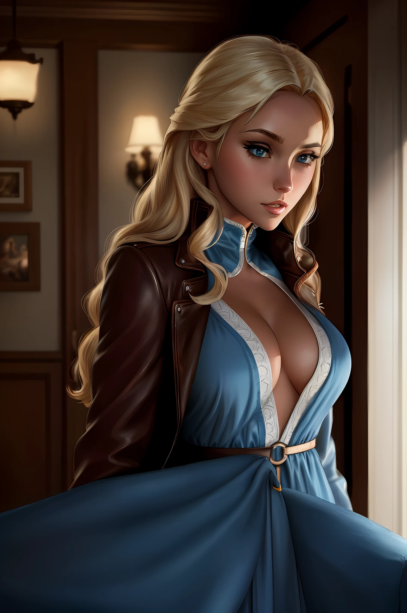 blond woman in blue dress and leather jacket posing for a picture, highly detailed exquisite fanart, 8k high quality detailed art, high detail iconic character, deviantart artstation cgscosiety, stunning character art, high quality fanart, artwork in the style of guweiz, photorealistic anime girl render, blonde - haired princess, commission for high res