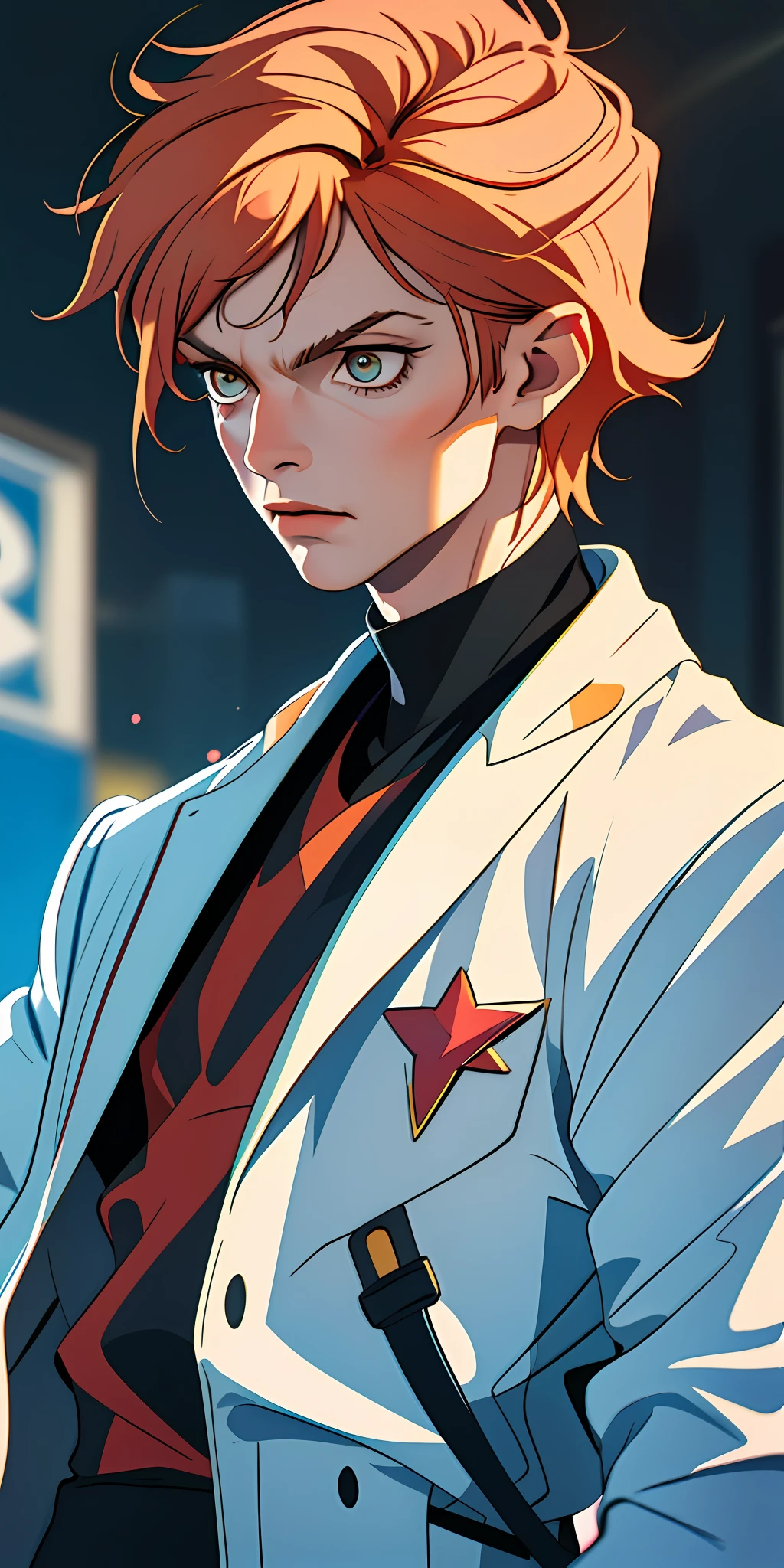 (best quality, masterpiece), 1boy, blurry background, upper body, contemporary, David Bowie style