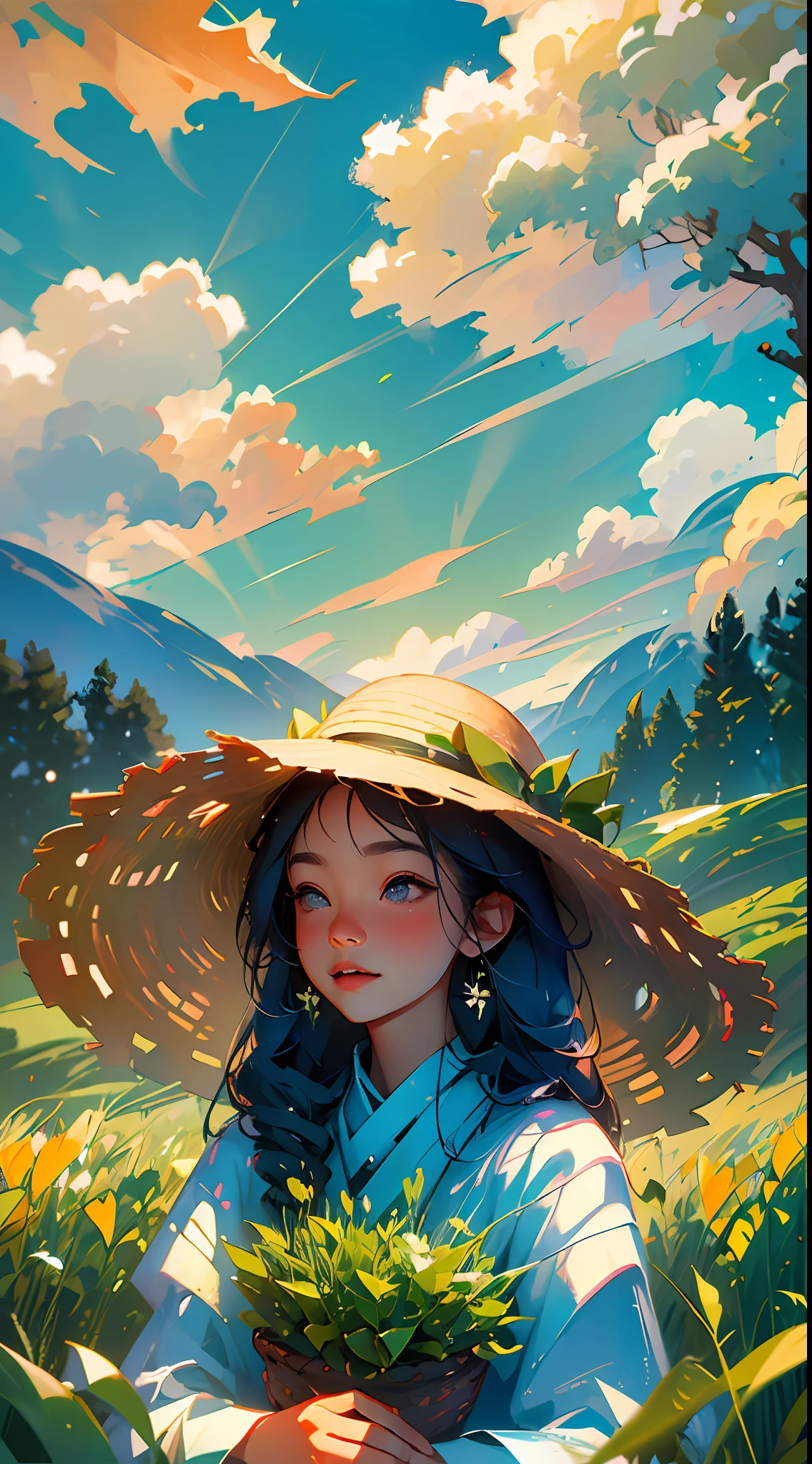 A farmer with a straw hat stands in a wheat field, laughing, big clouds, blue sky, rice fields, neat rice seedlings in the field, forest, hillside, secluded, rural, HD detail, hyperdetail, cinematic, surrealism, soft light, deep field focus bokeh, ray tracing and surrealism. --v6