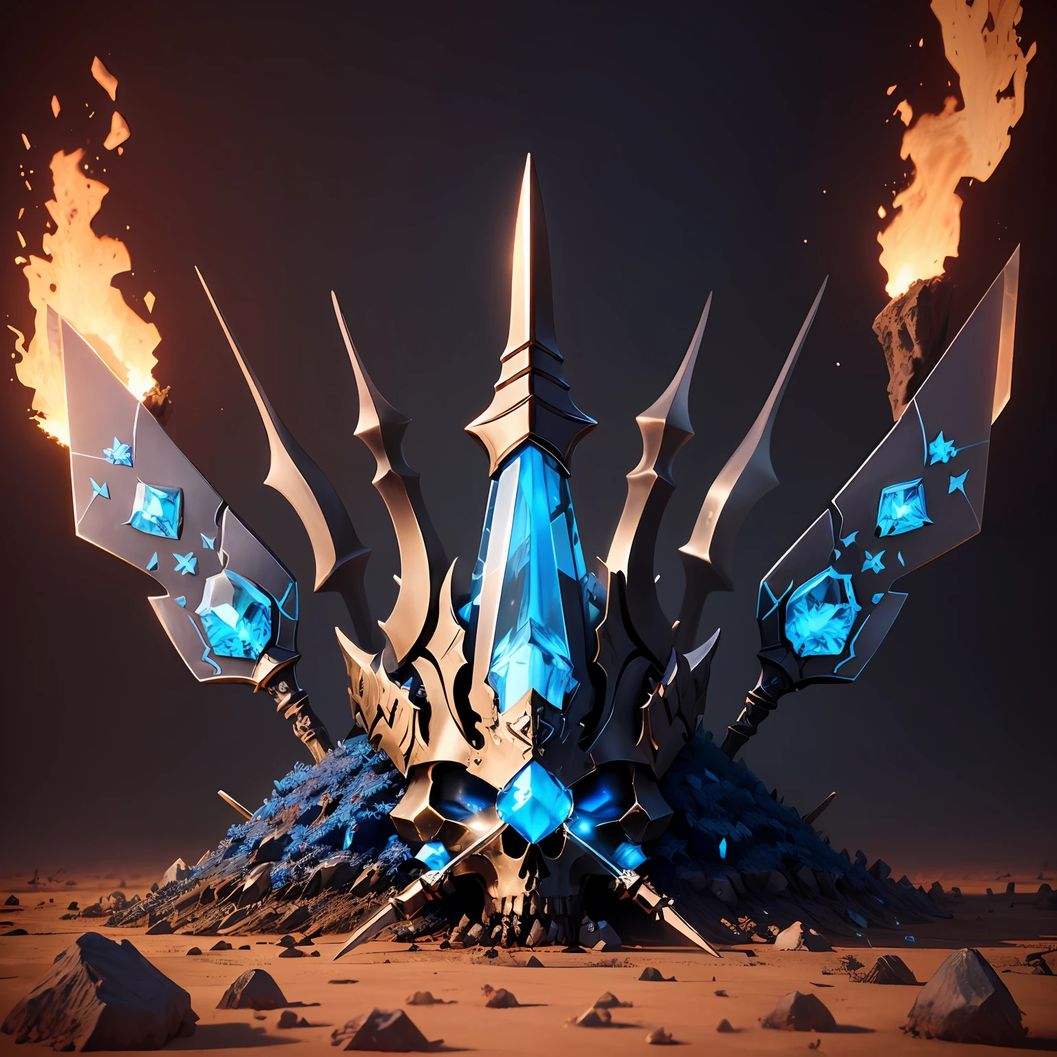 a blue topaz style ant hill with a sword and shield, there are skulls around and treasures,it was surrounded by burning fire, with some visual effects,fantasy,3D,HdR, 4k upscale, v--4.