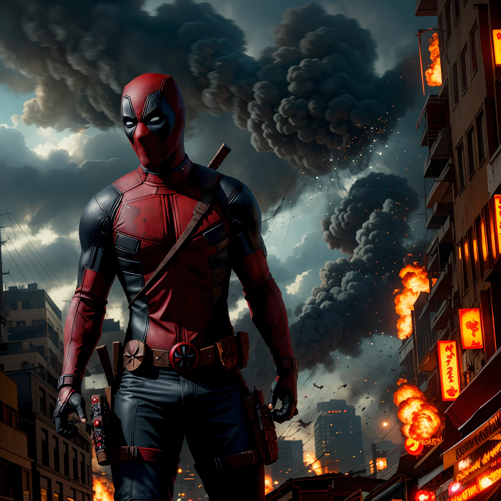 Deadpool, wreaking havoc with its incredible power, triumphant grin, clenched hands, gritted teeth, streets, destruction, ruins, night, apocalypse, intricate details, masterpiece, absurdity, best quality, realistic, highest quality, (diffused soft light), dramatic lighting, highly detailed photography