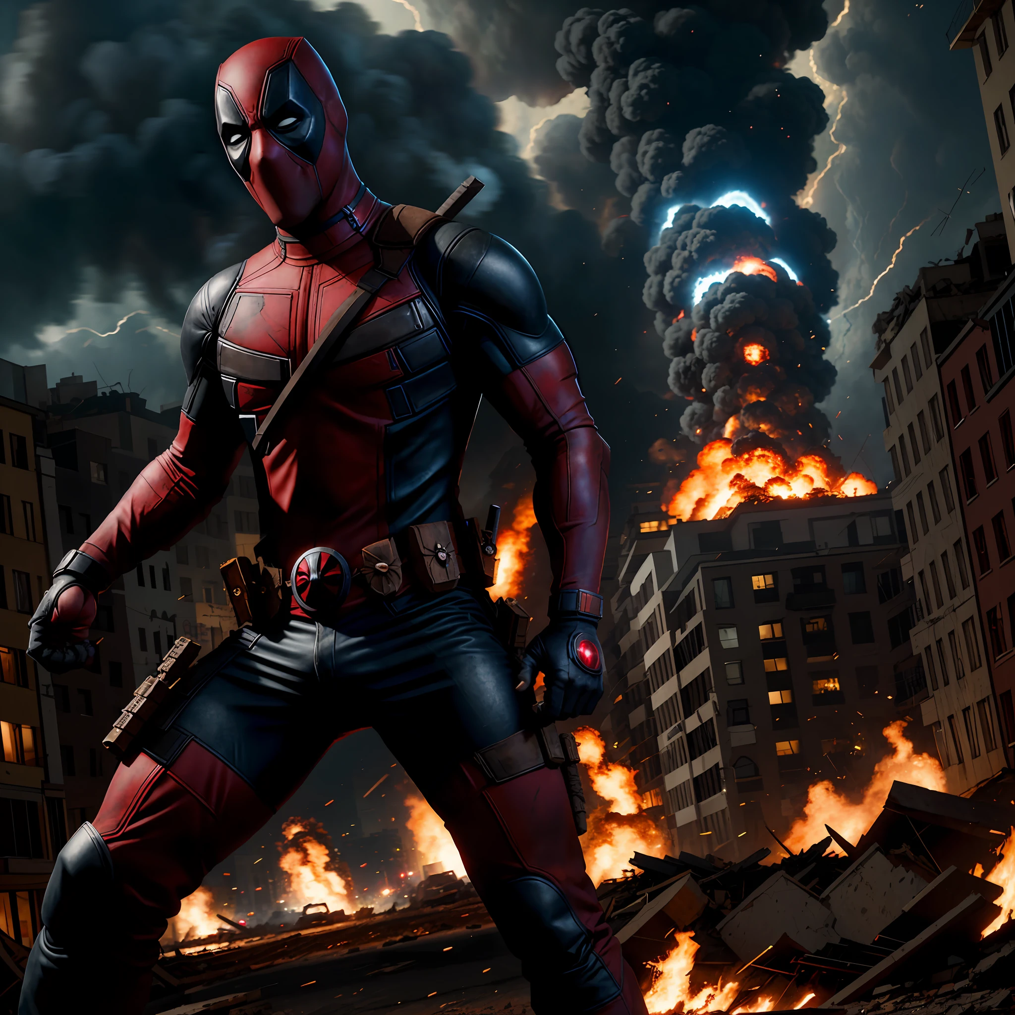 Deadpool, wreaking havoc with its incredible power, triumphant grin, clenched hands, gritted teeth, streets, destruction, ruins, night, apocalypse, intricate details, masterpiece, absurdity, best quality, realistic, highest quality, (diffused soft light), dramatic lighting, highly detailed photography