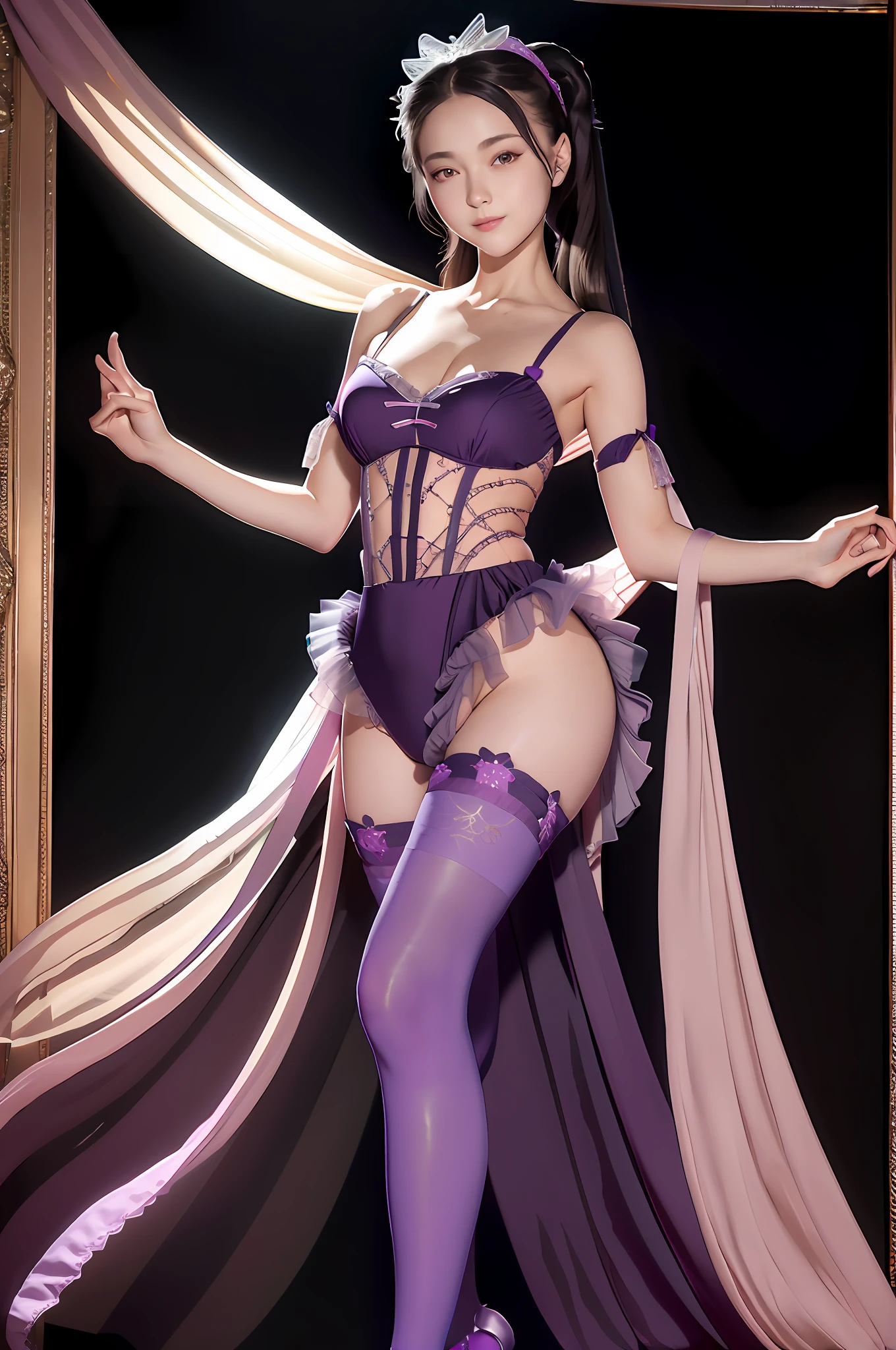 Absurd, high resolution, super detailed, (1 girl:1.3),
High fork swimsuit, ballet socks, tutu, standing, dark room, slim, pretty dream girl, bright purple thigh socks, silky texture, lace stocking edge, real photos, detailed eyes, pretty eyes, smile, full body view