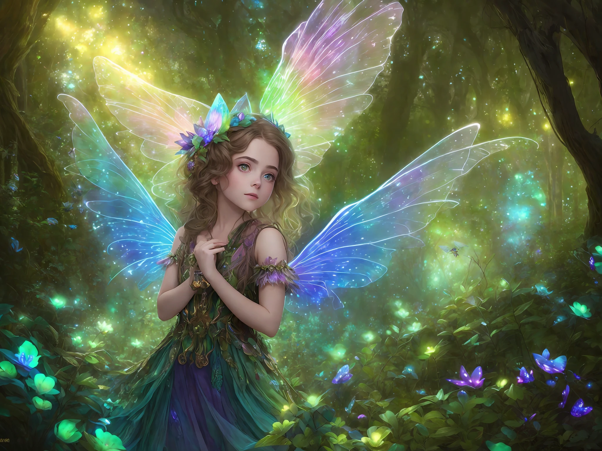 (highly detailed:1.2),(best quality:1.2),(8k:1.2),sharp focus,(subsurface scattering:1.1),award-winning photograph
(glowing bioluminescent forest:1.2),adorable chibi fairy ,kiernan shipka mackenzie foy barbara palvin, iridescent fairy wings
(very detailed background:1.2),(magical fantasy:1.0), (knollingcase:1.1),(dreamlikeart:1.1), dramatic lighting, by greg rutkowski alphonse mucha wlop, size 2162 x 1261