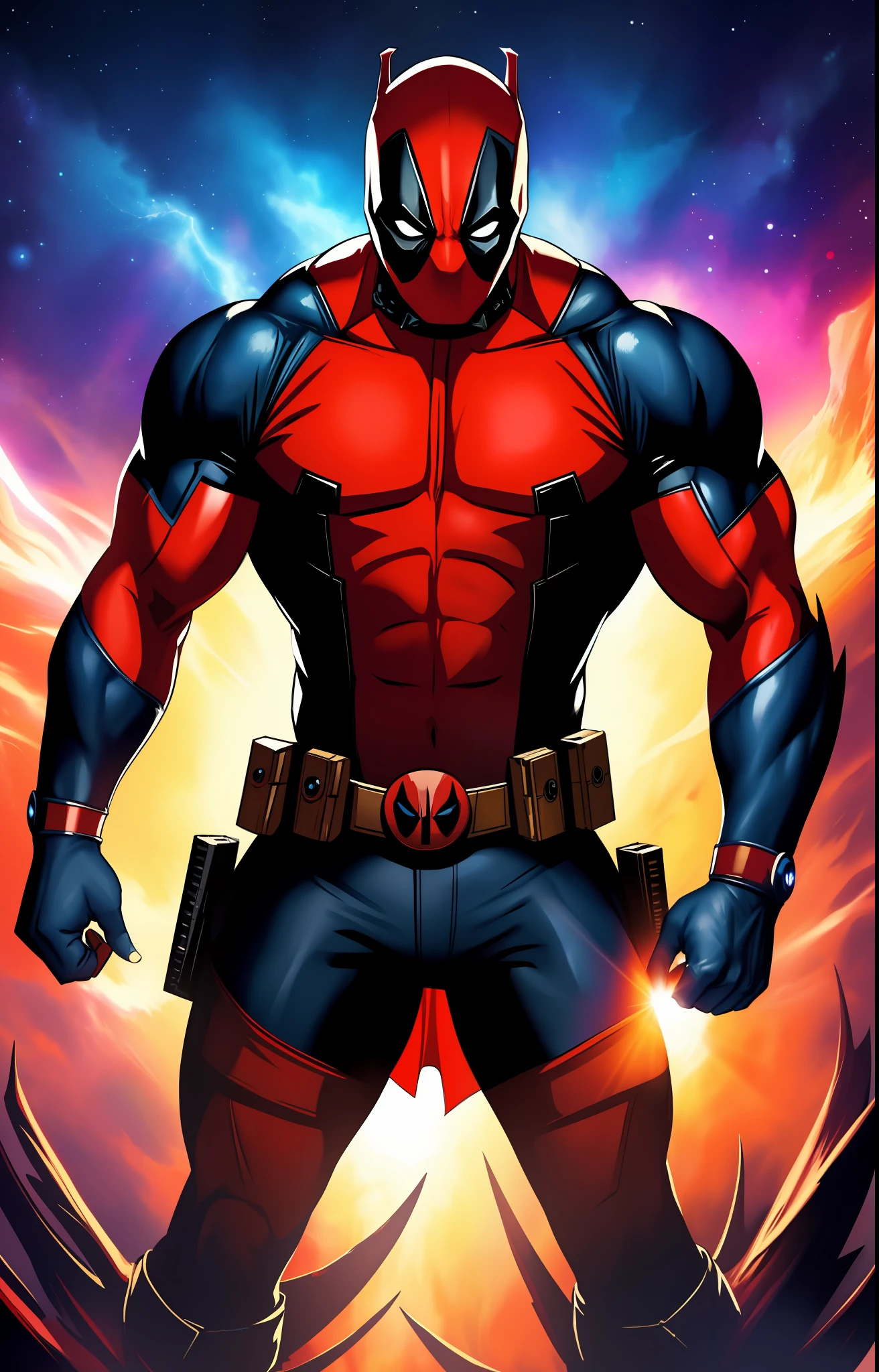 (Best Quality: 1.2), (Masterpiece: 1.2), (Realistic: 1.2), Awesome Evil Deadpool, Red Cape, Nebula Background, Volumetric Light, Upper Body, Muscles, Muscular, Fantasy, Dynamic Angle, Dynamic Pose, Masterpiece