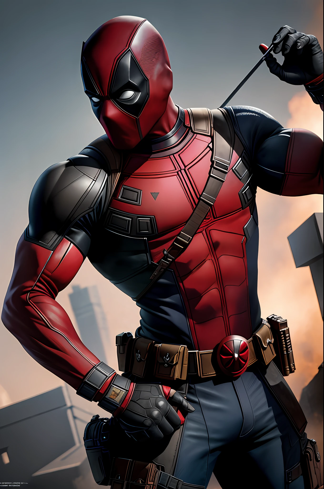 (8k, RAW photo, best quality, masterpiece:1.2), ultra detailed, official art, photo-realistic:1.37, upper body shot, marvel deadpool, film grain, action pose