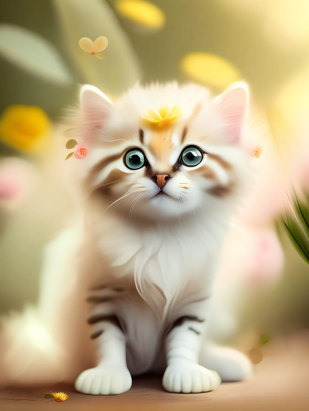 Very cute furry white tropical punk kitten, big eyes, flowers, flowers, full body, laugh, professional light, depth of field 8k, golden magic moment, professional photography, octane rendering, super realistic - amazing sunlight, dynamic composition, photography, sharp focus, background bokeh, open mouth, laugh !!!