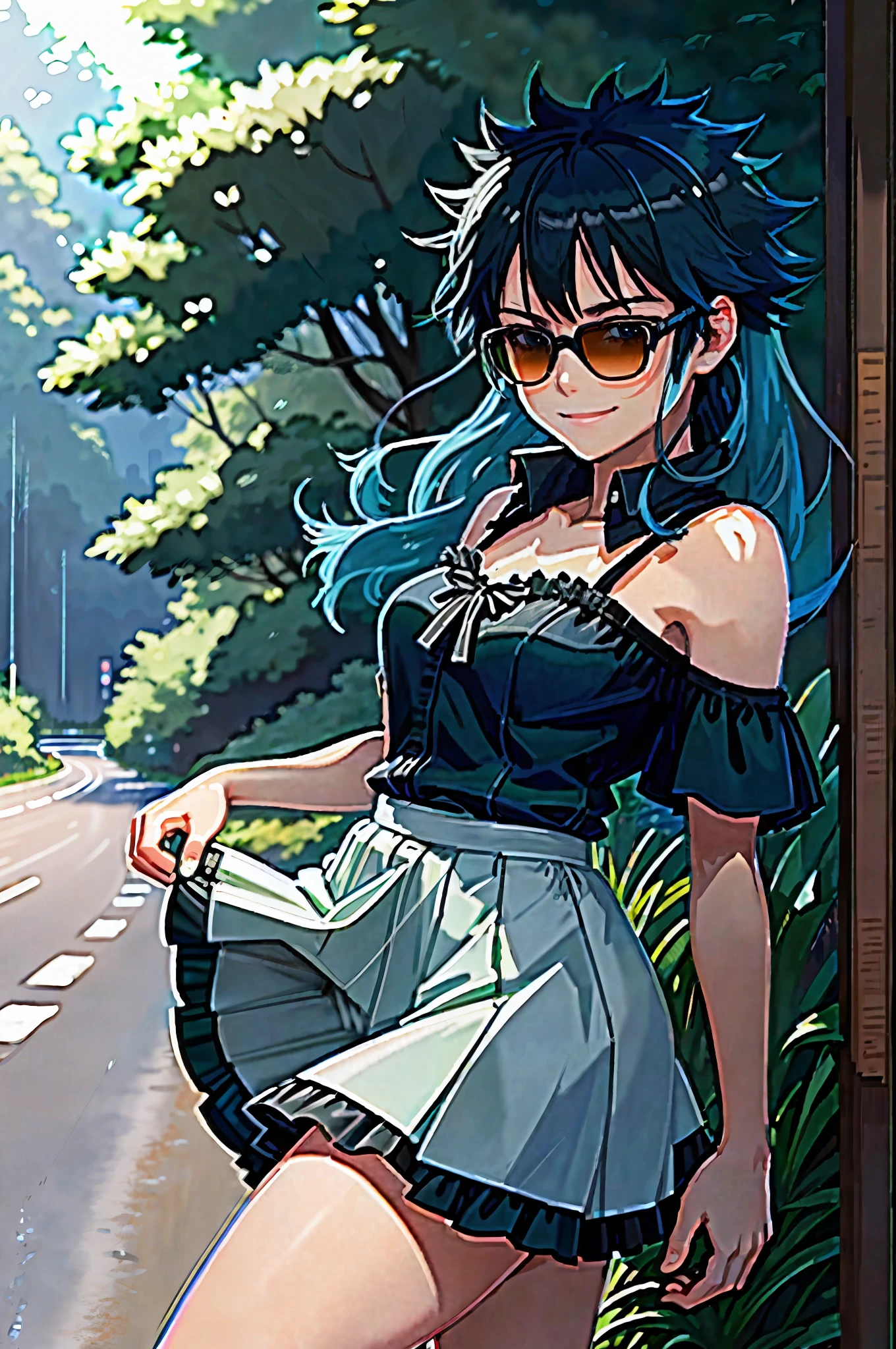 a beautifu, Makoto Shinkai, black silk, White skirt, Hold a lily in your left hand, Forest after rain, Smiles, full, High Resolution, blue hair, crossed bangs, expressive hair, hair bow, sunglasses, jitome, anime, panorama, framed, high quality