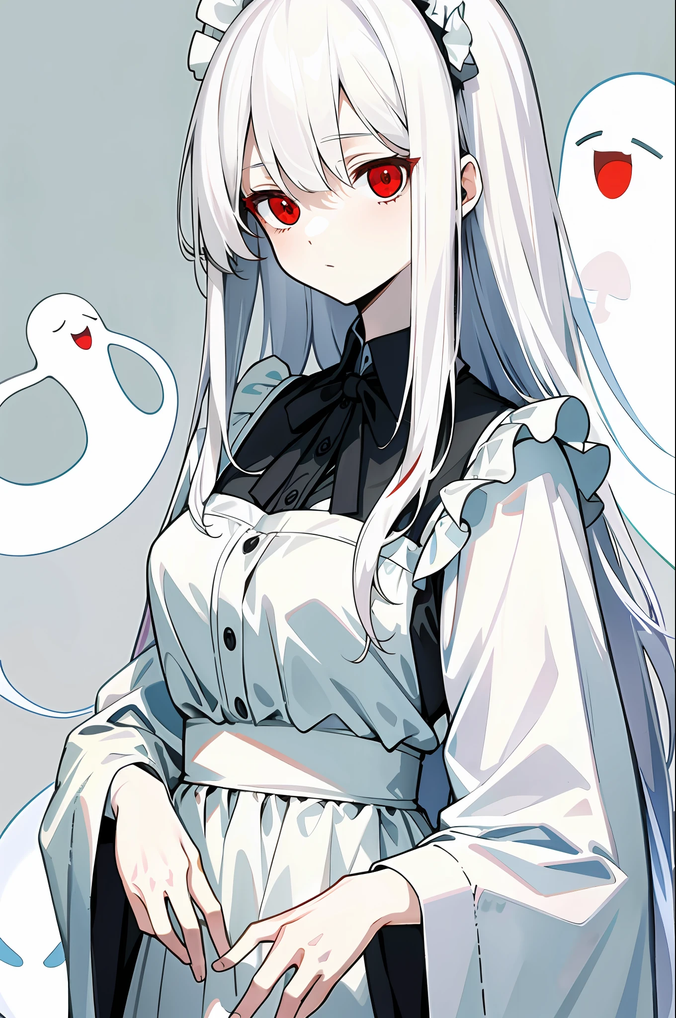 (masterpiece, best quality) detailed, 1girl, solo, long hair, pale skin, ghostly maid, white hair, red eyes, long straight bang hair, albino skin