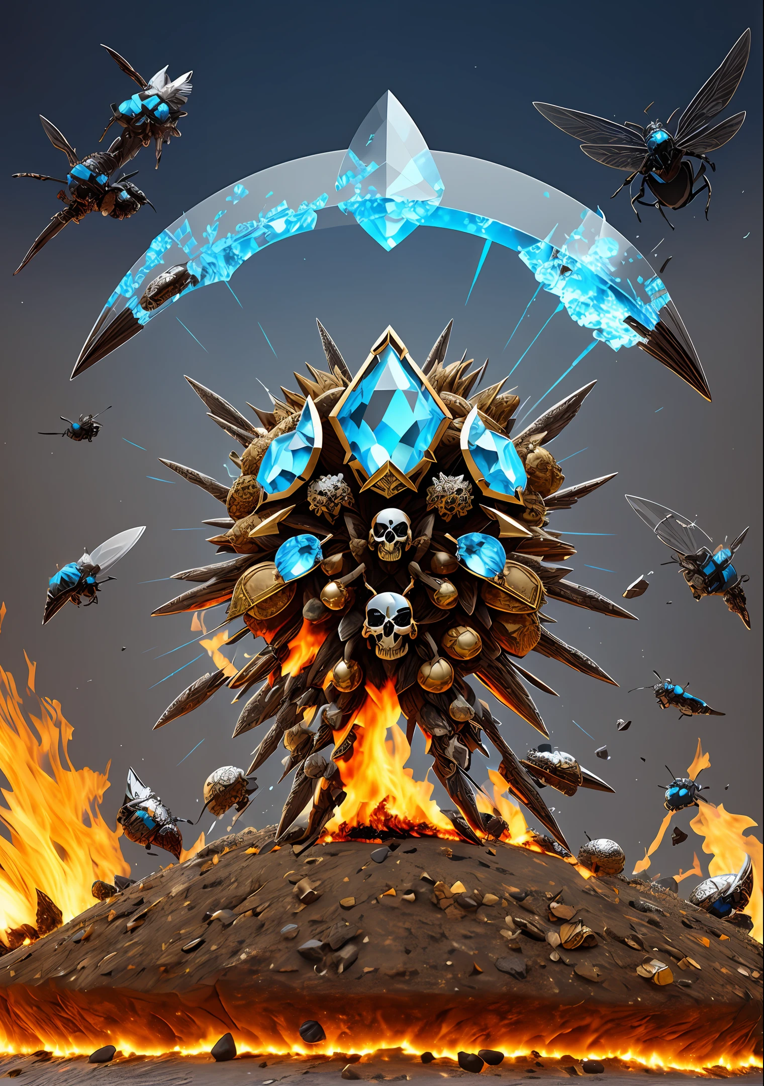 a blue topaz style ant hill with a sword and shield, there are skulls around and treasures,it was surrounded by burning fire, with some visual effects,fantasy,3D,HdR, 4k upscale, v--4.