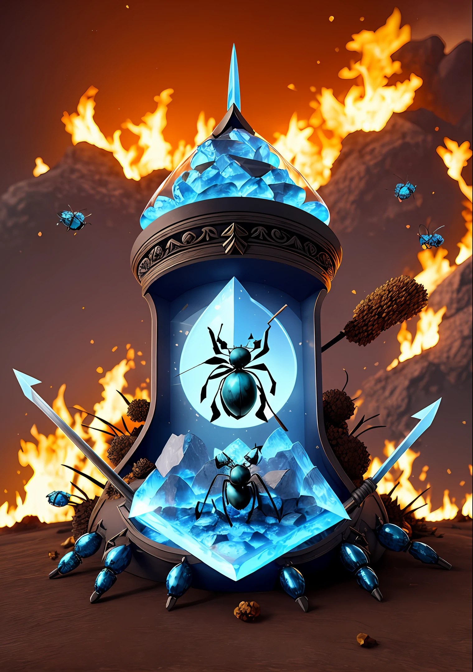 a blue topaz style ant hill with a sword and shield, there are skulls around and treasures,it was surrounded by burning fire, with some visual effects,fantasy,3D,HdR, 4k upscale, v--4.