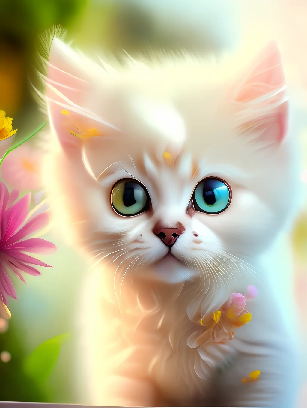 Very cute furry white tropical punk kitten, big eyes, flowers, flowers, full body, laugh, professional light, depth of field 8k, golden magic moment, professional photography, octane rendering, super realistic - amazing sunlight, dynamic composition, photography, sharp focus, background bokeh, open mouth, laugh !!!