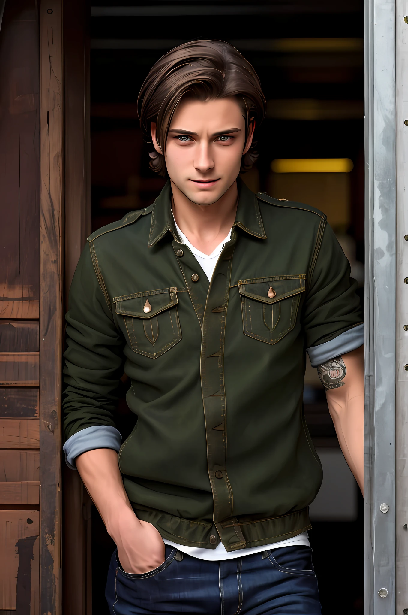 Lucas has tousled, dark brown hair that falls across his forehead, partially obscuring his piercing green eyes. He has a rugged yet alluring charm and often dresses in dark clothing, reflecting his rebellious nature, clothes are baggy.
