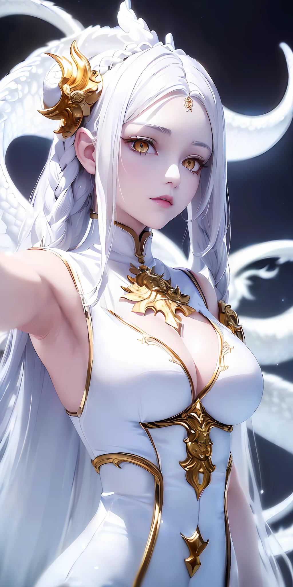 ((Masterpiece|Excellent|Details Perfect Display|White Hair and Golden Eyes|White Dragon Girl|Beautiful and Pure Beauty|Feminine Fantasy Illustration|Epic Art|Side Braids|Looking Up|Upper Body|Fair Skin|Dragon Girl)),(Advanced Light|Contrast|Strong Deep Shadow Strong),((Dynamic Perspective|Exquisite Character Art|Feminine), (White-haired Dragon Girl|Golden Eyes|Upper Body|Side Braids|White Clothes|Fair Skin|Details in Place)), (Top Lens|Exquisite|Professional Processing|Perfect|Details in Place|Full of Contrast| Fantasy Boutique).