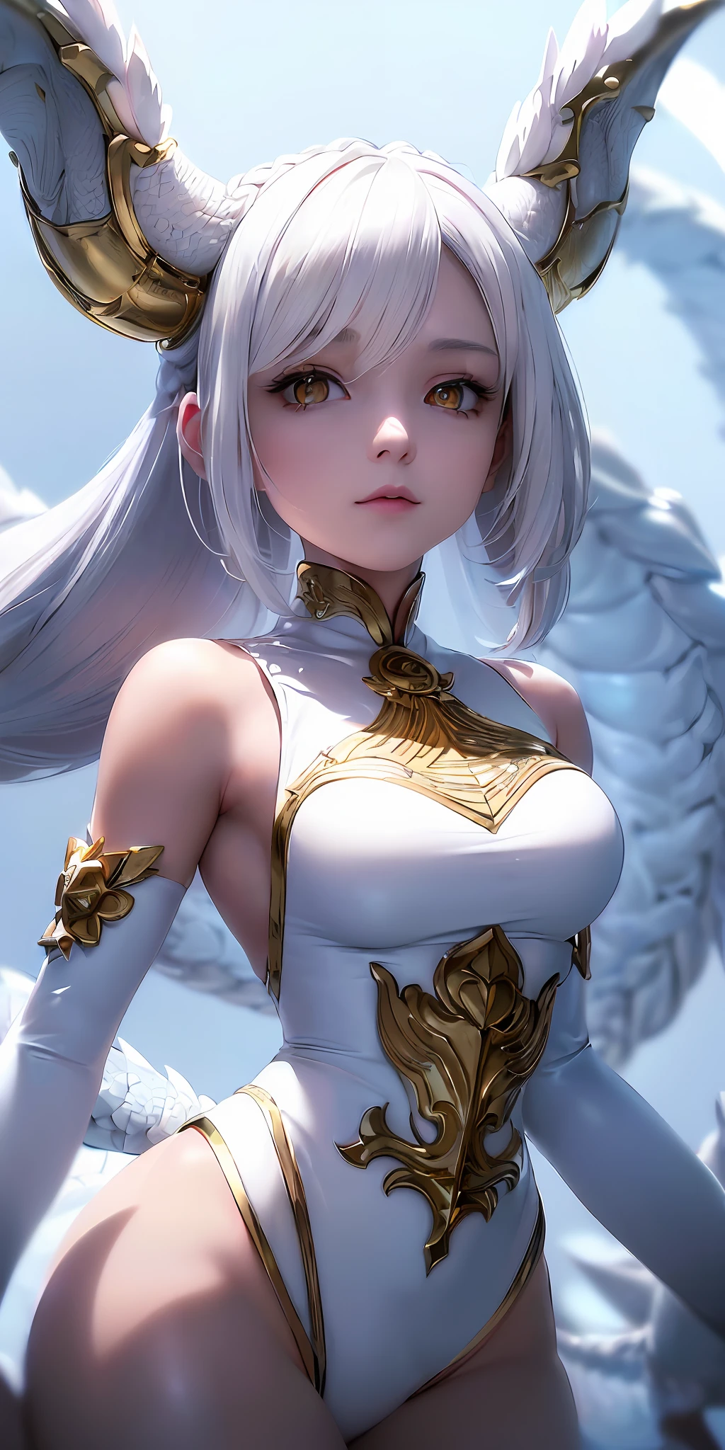 ((Masterpiece|Excellent|Details Perfect Display|White Hair and Golden Eyes|White Dragon Girl|Beautiful and Pure Beauty|Feminine Fantasy Illustration|Epic Art|Side Braids|Looking Up|Upper Body|Fair Skin|Dragon Girl)),(Advanced Light|Contrast|Strong Deep Shadow Strong),((Dynamic Perspective|Exquisite Character Art|Feminine), (White-haired Dragon Girl|Golden Eyes|Upper Body|Side Braids|White Clothes|Fair Skin|Details in Place)), (Top Lens|Exquisite|Professional Processing|Perfect|Details in Place|Full of Contrast| Fantasy Boutique).