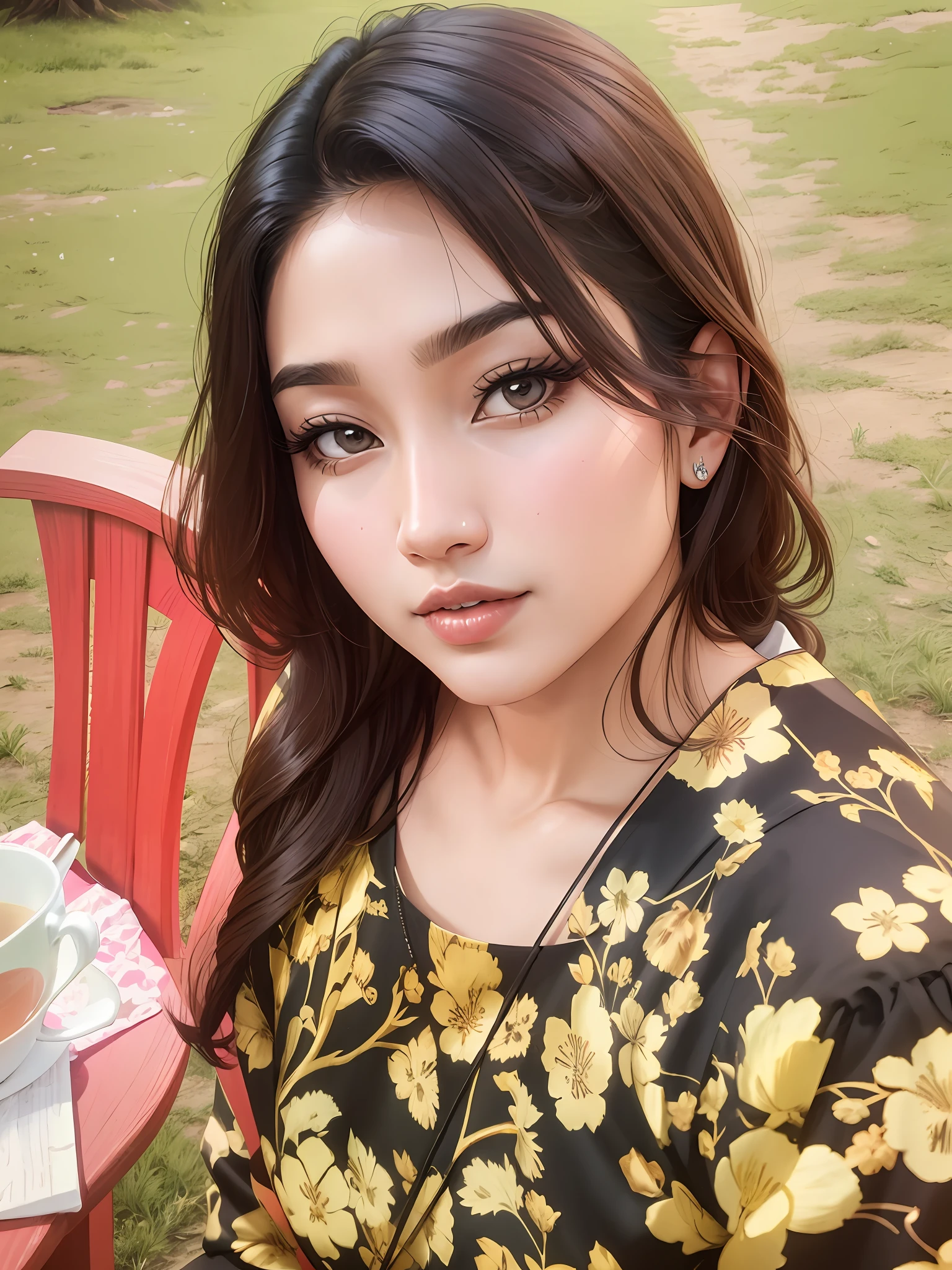 there is a woman sitting in a chair , nivanh chanthara, 30 years old woman, thawan duchanee, in style of thawan duchanee, beautiful image, selfie photo, on a sunny day, cute photo, 2 7 years old, 2 8 years old
