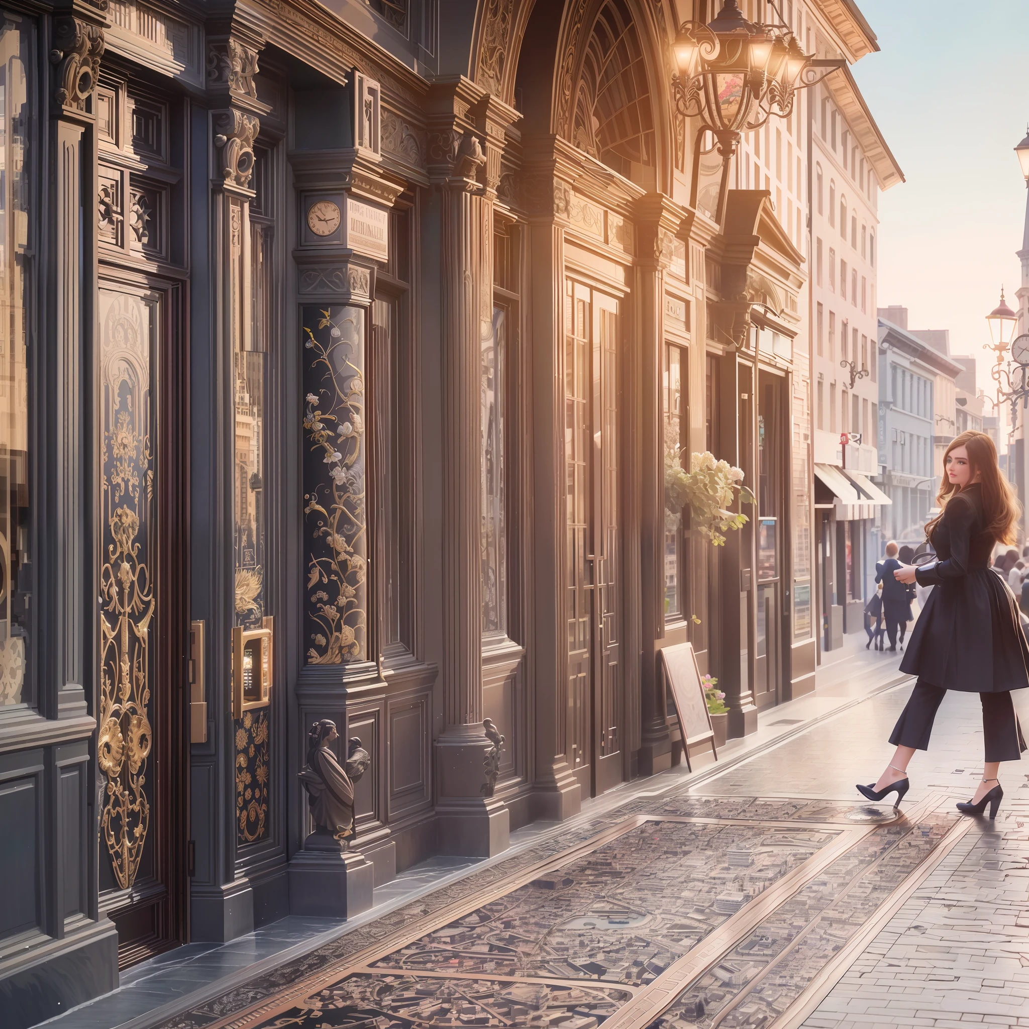 professional detailed photography, ultra detailed world, ultra maximalism, young woman interested in the main street of a big city, bright daylight, ultra detailed, intricate details, crazy details, Hasselblad, masterpiece, ultra detailed world, world full of details, intricate detail, ultra quality, 8k