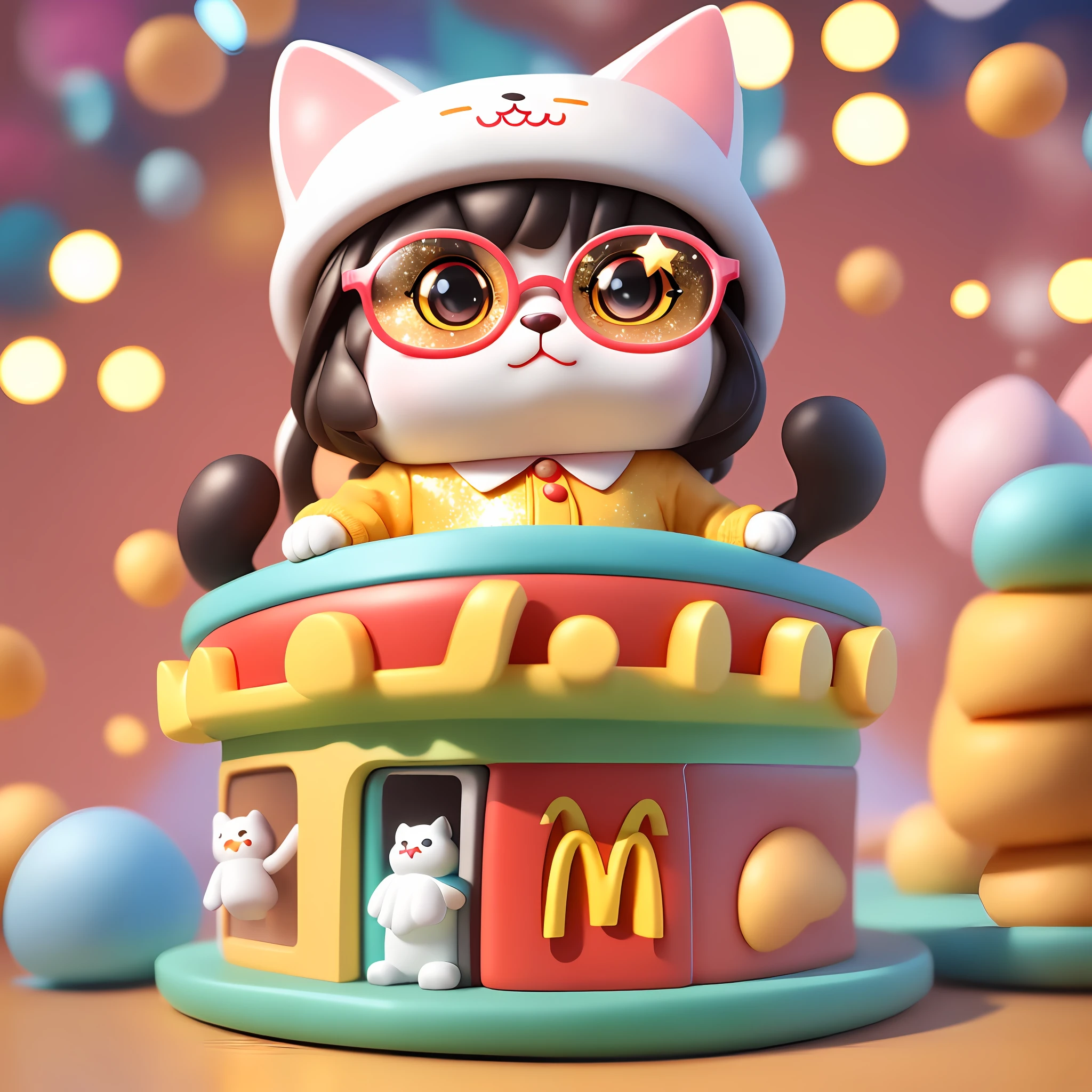 Cute humanoid cat in hat, dressed, McDonald's, moe, full body photo, glasses on head, star pupils, blind box toy style, glitter, movie lighting, panorama, UHD, high detail, best quality, high resolution, 4K