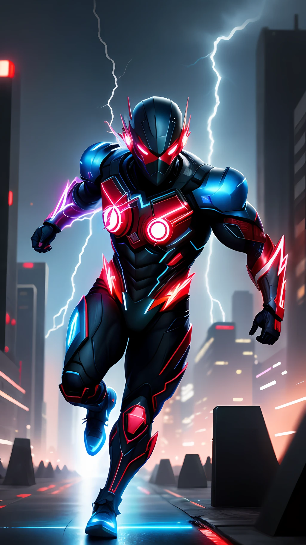 cyberpunk the flash , blue armor, invoked mask,glowing red eyes, bodybuilder, running, in the background a city, lightning in the sky, ultra details, ultra realistic, cinematic , octane render, 16k