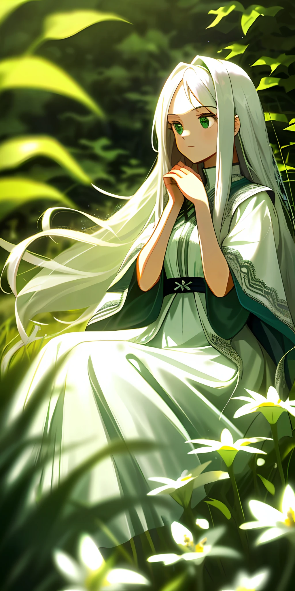 (masterpiece, best quality),1girl with long white hair sitting in a field of green plants and flowers, her hand under her chin, warm lighting, white dress, blurry foreground