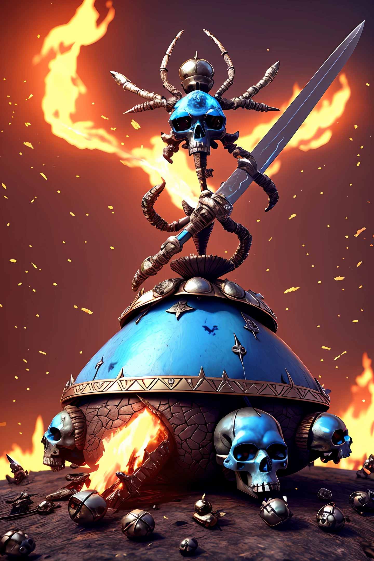 a blue topaz style ant hill with a sword and shield, there are skulls around and treasures,it was surrounded by burning fire, with some visual effects,fantasy,3D,HdR, 4k upscale, v--4.