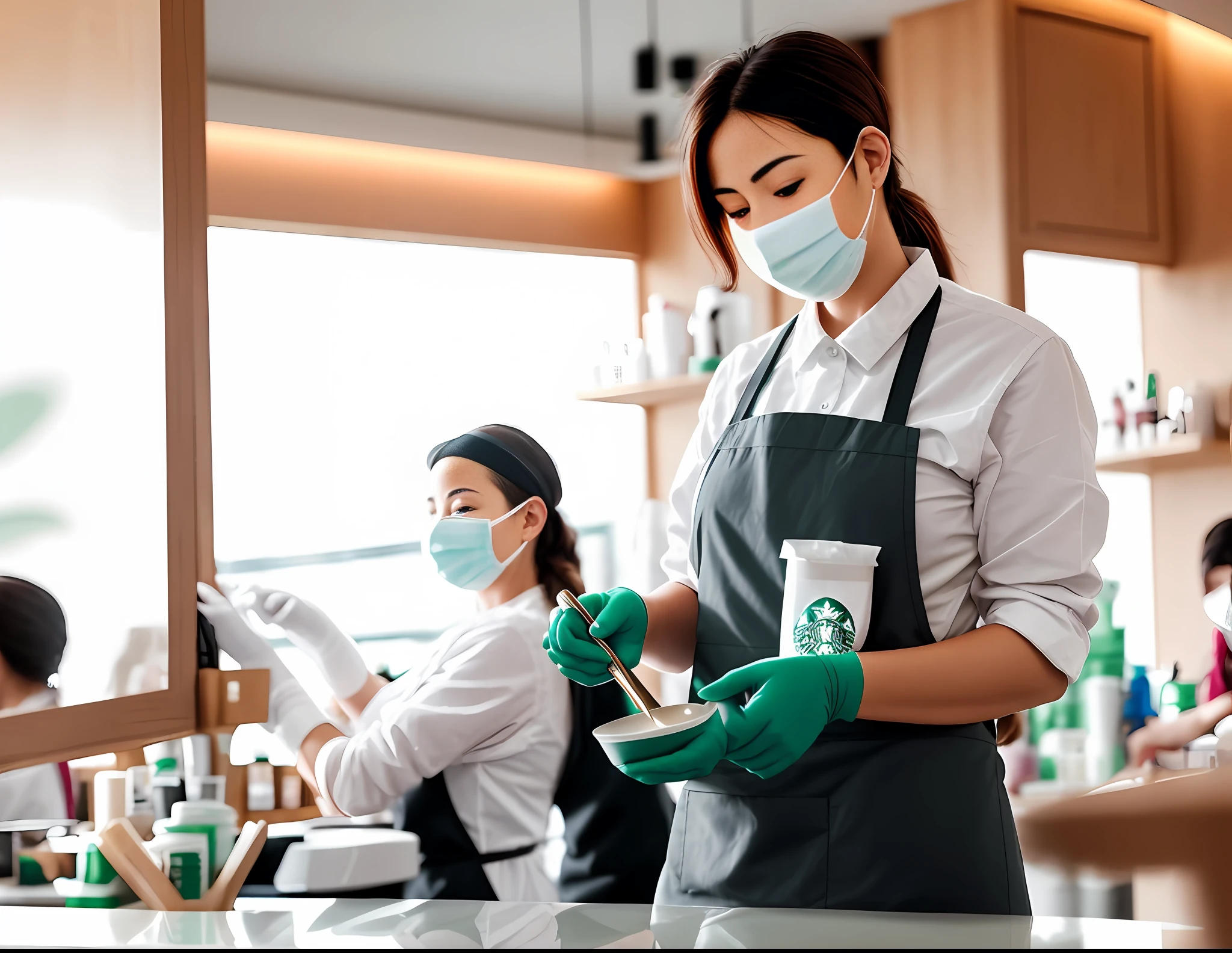 arafed woman in a salon with a face mask and gloves, starbucks aprons and visors, person in foreground, wearing facemask, looking partly to the left, wearing an apron, illustration, customers, proffesional, thumbnail, instagram post, wearing facemask and sunglasses, shutterstock, pictured from the shoulders up, professional image, clean long lines