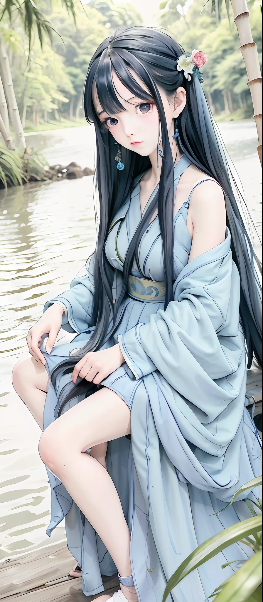 Masterpiece, Best Quality, Official Art, 8k Wallpaper, Very Detailed, Illustration, 1 Girl, Sky Blue Hair, Long Hair, Detailed Eyes, Forrest Gump, Bare Shoulders, Hanfu, Lake, Pure, Soft Smile, bamboo, tea