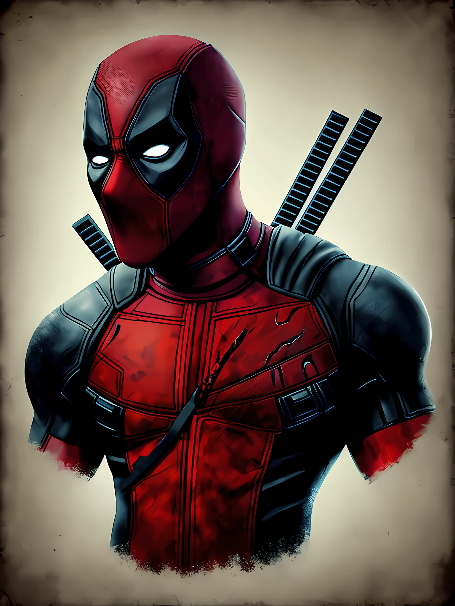 deadpool (dark background: 1.7), comic style, muted colors, soothing tones, illustration, low saturation, portrait, epic realism