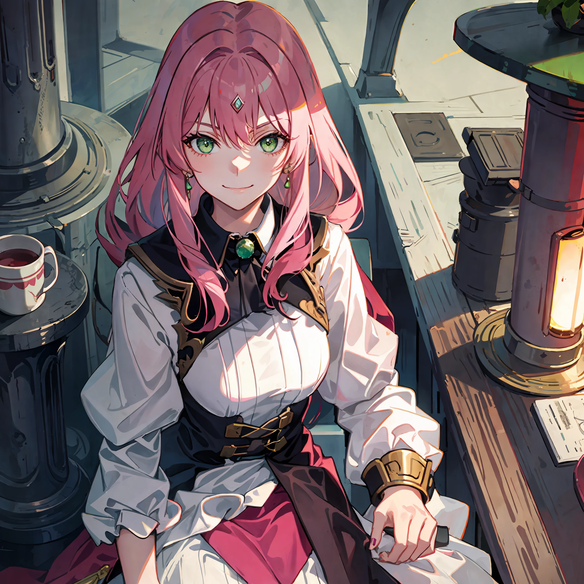 1girl, Half-Human, harm smile, pink hair, green eyes, sit on throne, anime