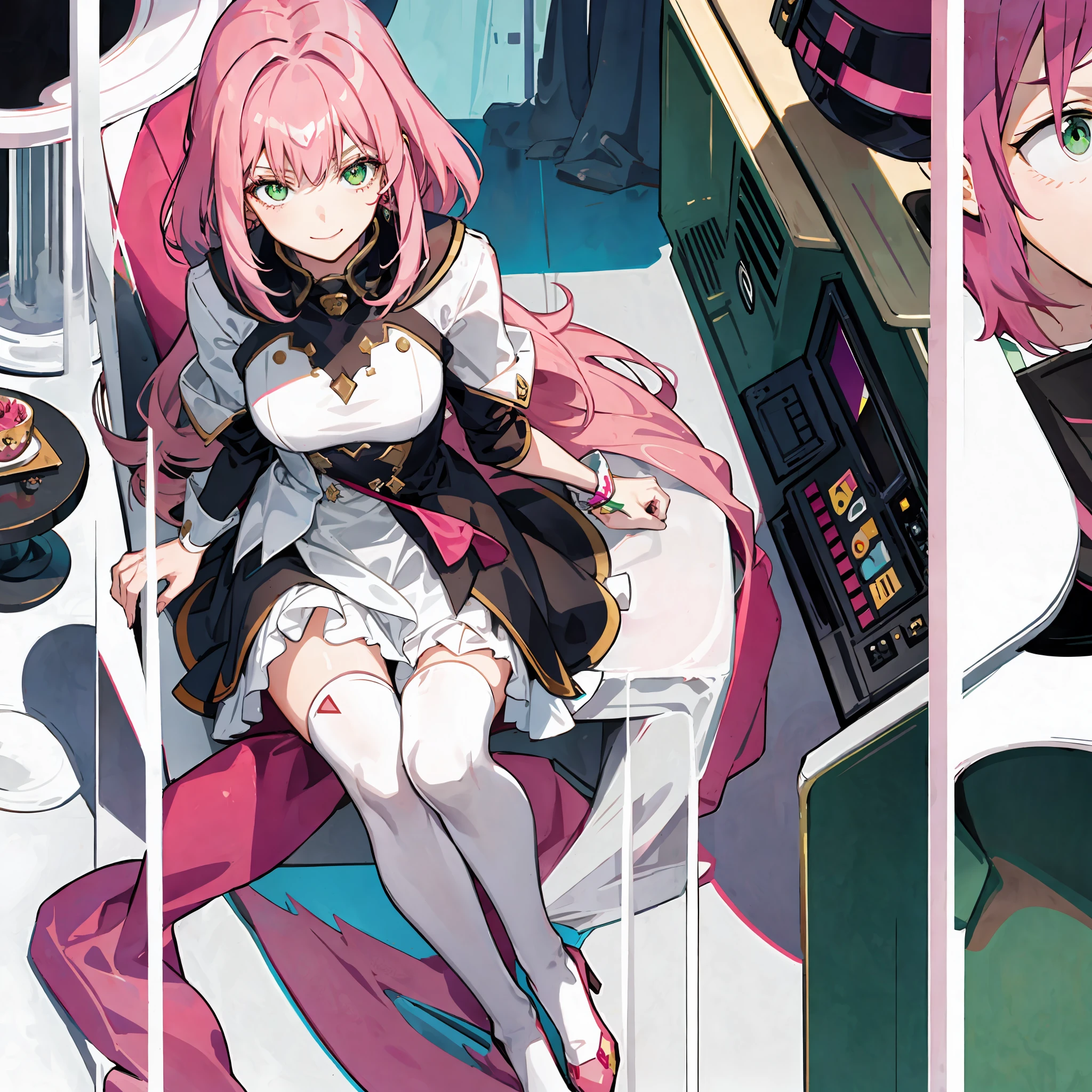 1girl, Half-Human, harm smile, pink hair, green eyes, sit on throne, anime