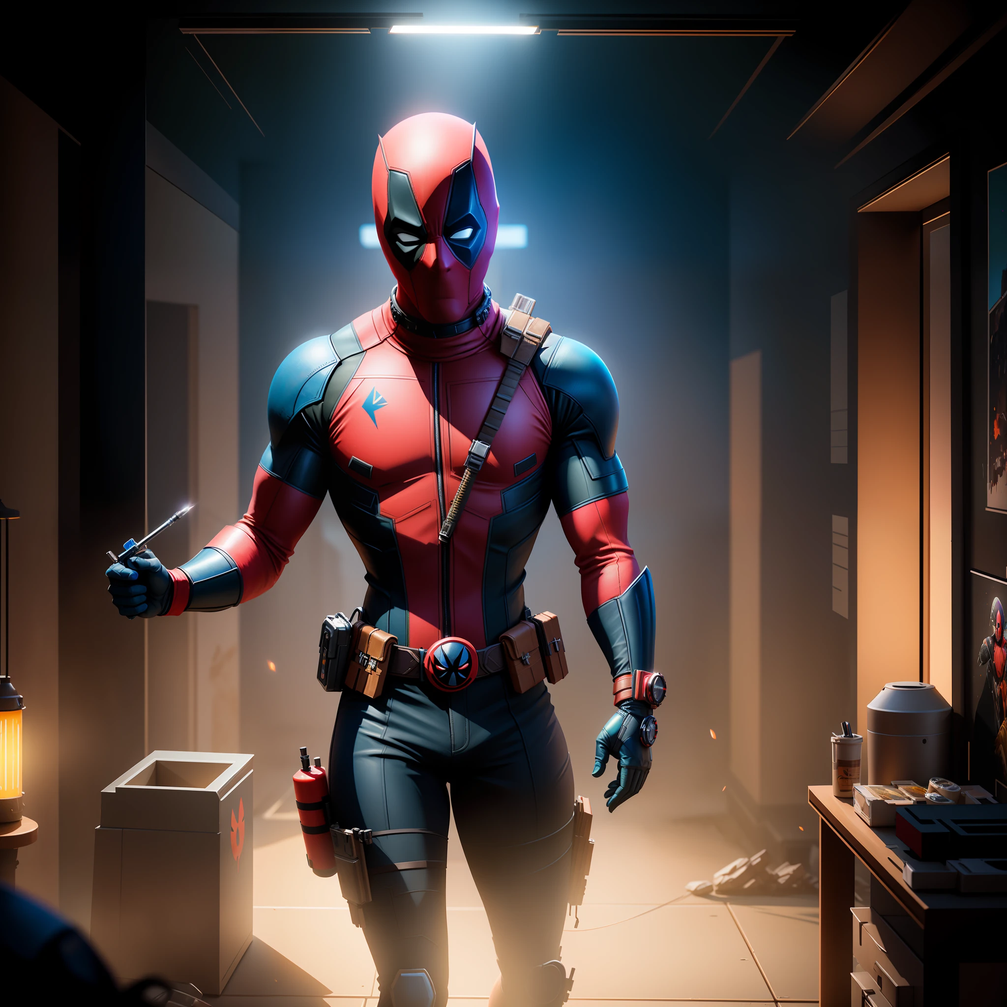 Highly detailed color RAW photography, deadpool, dynamic pose, (space: 1.4), (necropolis: 1.1), (sci-fi setting) (detailed face), chromatic aberration, depth of field, soft lighting, masterpiece, best quality, complex, (highlight: 0.7), (bloom: 0.7), particle effects, ray tracing, tone map, high detail, concept art, smooth, sharp focus, dramatic lighting, highly detailed graphics, cinematography, cinematography, hyper-realistic painting, trends on Artstation, 8K, incredible shadows, realism (highly detailed background: 1.2), art by midjourney