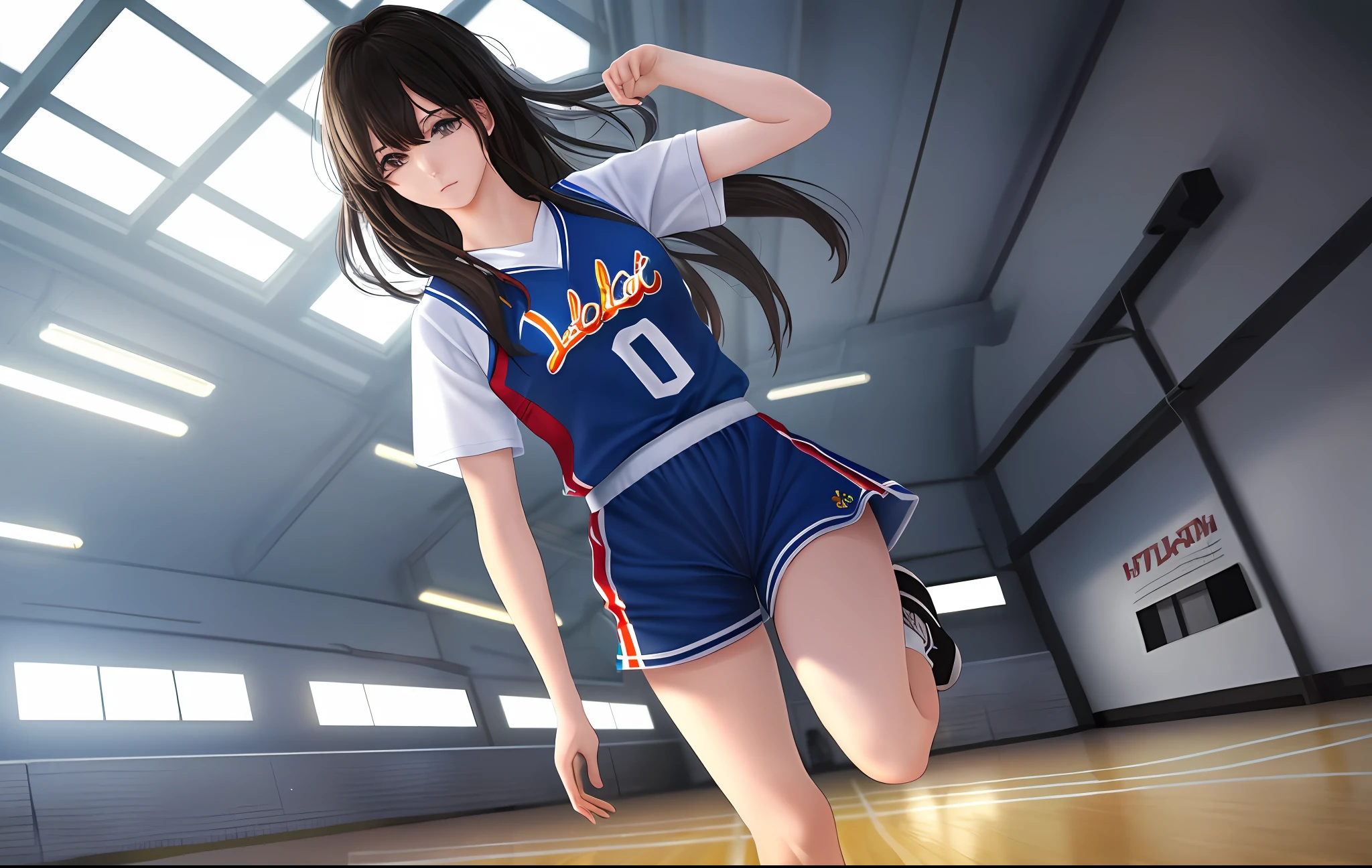 (8k, Best Quality, Masterpiece: 1.2), (Realistic, Realistic: 1.37), Ultra Detailed, Best Quality, Ultra High Resolution, Professional Lighting, Photon Mapping, Radiosity, Physically Based Rendering, Cinematic Lighting, Basketball court, depth of field, clear focus, sunlight, good composition, (bokeh: 1.2) 1girl, solo, (full body), (closed mouth), beautiful and detailed eyes, pose, narrow waist, basketball uniform, black hair , messy hair, long hair blowing in the wind, (ulzzang-6500:1.2) mix4, hiqcgbody