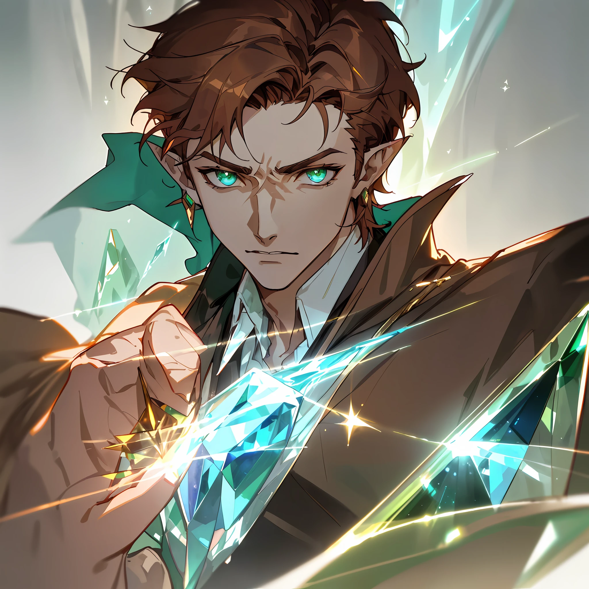 (male shifter:1.5),(dnd sorcerer:1.4),[(Handsome face:1.2),(Sharp jawline:1.2),(green Eyes:1.3),(lavish brown hair:1.3),(elvish ears:1.2)], [(broad shoulders:1.4),(lean physique:1.5),(pale skin:1.3),(brown and greenish common sorcerer clothes:1.2)],[(close up face portrait:1.6),(dramatic composition:1.2),(holding blueish slim crystal in hand:1.4),(casting white spell:1.5)]