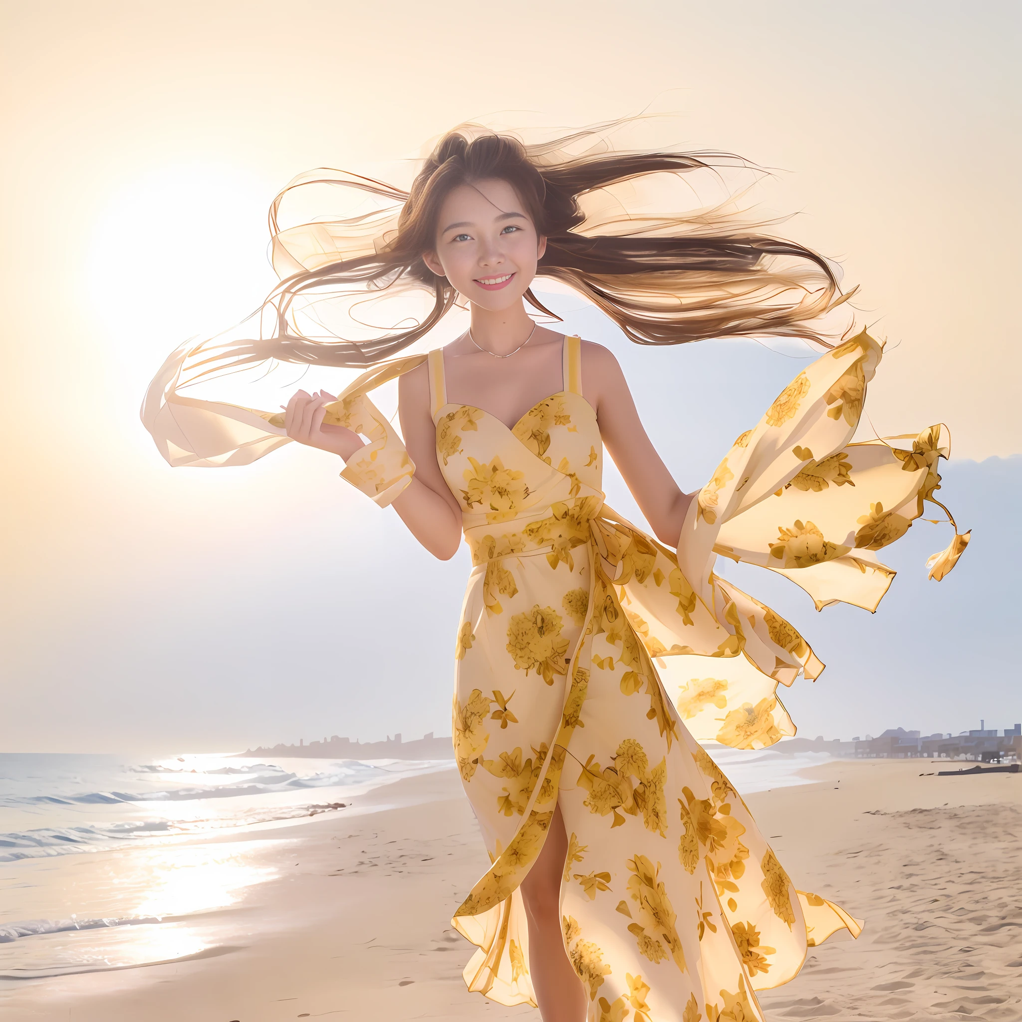 (8k, high quality, master class), resort style, (French style print new wrap dress: 1.1, beach skirt, yellow flowers), (elegant feminine, solo, upper body, smile), (trot, wind, hair flying, skirt flying, figure protruding)), morning with beach atmosphere