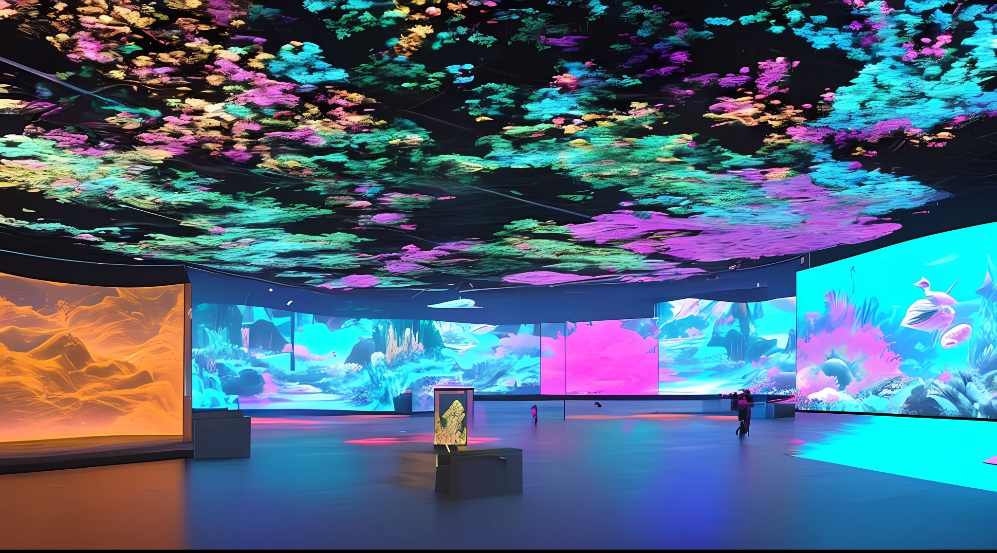 A large immersive interactive experience exhibition hall in Chinese mythology style about the goddess of ocean peace Mazu, several modern audiences around a large transparent holographic Mazu goddess digital image interactive LED installation in the middle of the exhibition hall, referring to the beautiful and dignified shape of the Mazu statue on Meizhou Island in Fujian, there are many small transparent screens surrounding it, there are different transparent holograms of Chinese gods on the screen, including the Four Seas Dragon King, etc., the wall has Chinese cultural interactive installations, and the floor has the light and shadow of ocean waves and holographic images, The whole is full of immersive mysterious art feeling, the audience and the screen interact, digital interaction, immersive atmosphere, mixed with some Chinese goddess Mazu culture and traditional ornamentation patterns, there are 12 projectors on the top to project the picture to the wall, and some viewers are interacting with the LED screen, bright, ethereal space