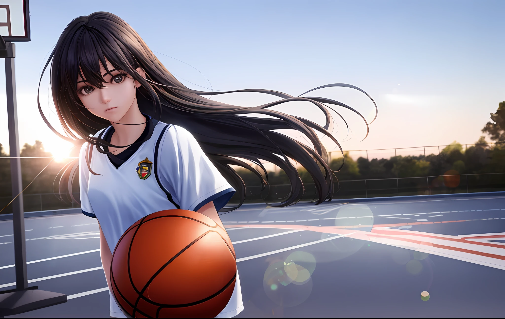 (8k, Best Quality, Masterpiece: 1.2), (Realistic, Realistic: 1.37), Ultra Detailed, Best Quality, Ultra High Resolution, Professional Lighting, Photon Mapping, Radiosity, Physically Based Rendering, Cinematic Lighting, Basketball court, depth of field, clear focus, sunlight, good composition, (bokeh: 1.2) 1girl, solo, (full body), (closed mouth), beautiful and detailed eyes, pose, narrow waist, basketball uniform, black hair , messy hair, long hair blowing in the wind, (ulzzang-6500:1.2) mix4, hiqcgbody
