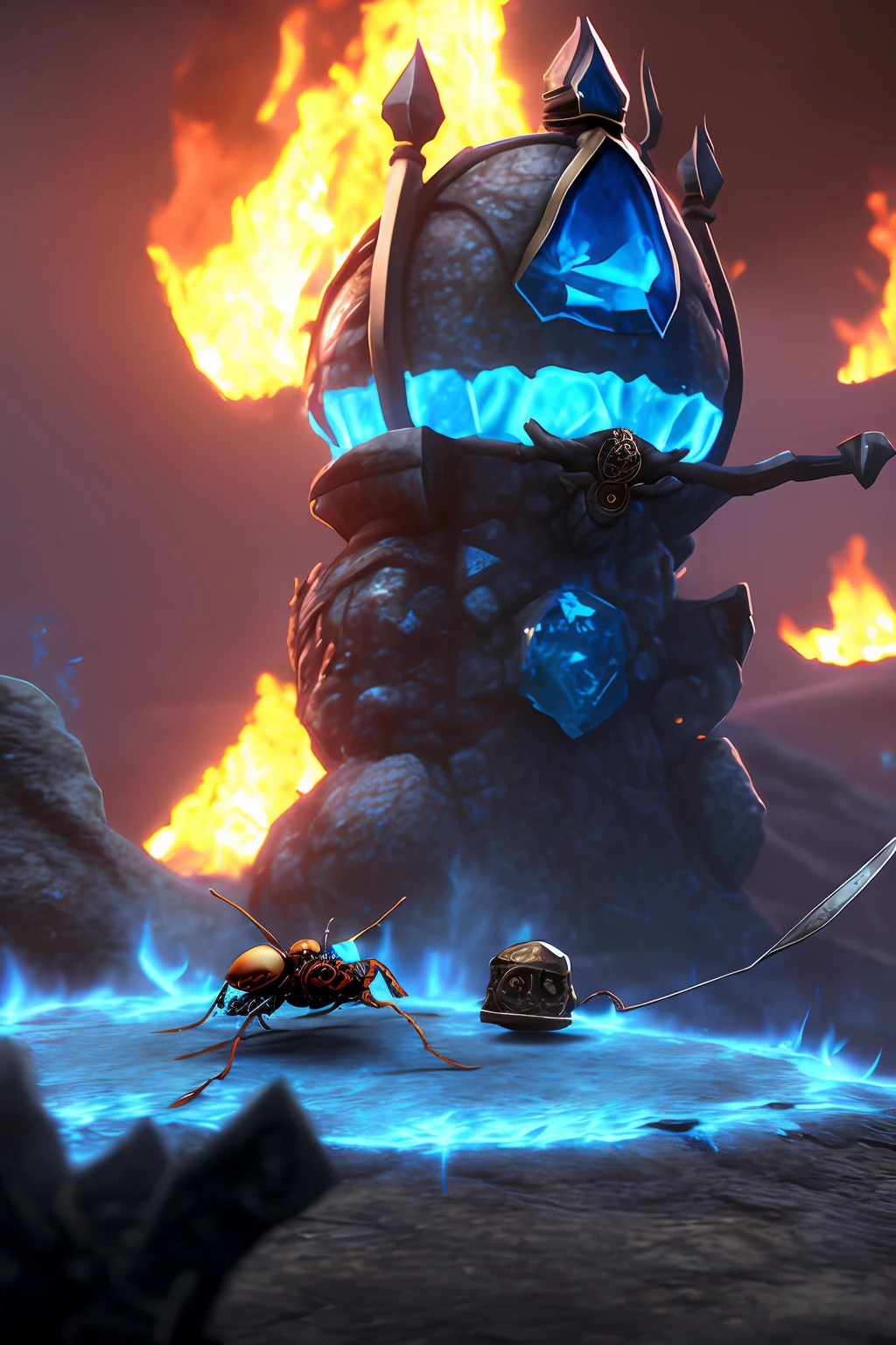 a blue topaz style ant hill with a sword and shield, there are skulls around and treasures,it was surrounded by  burning fire, with some visual effects,fantasy,3D,HdR, 4k upscale, v--4.