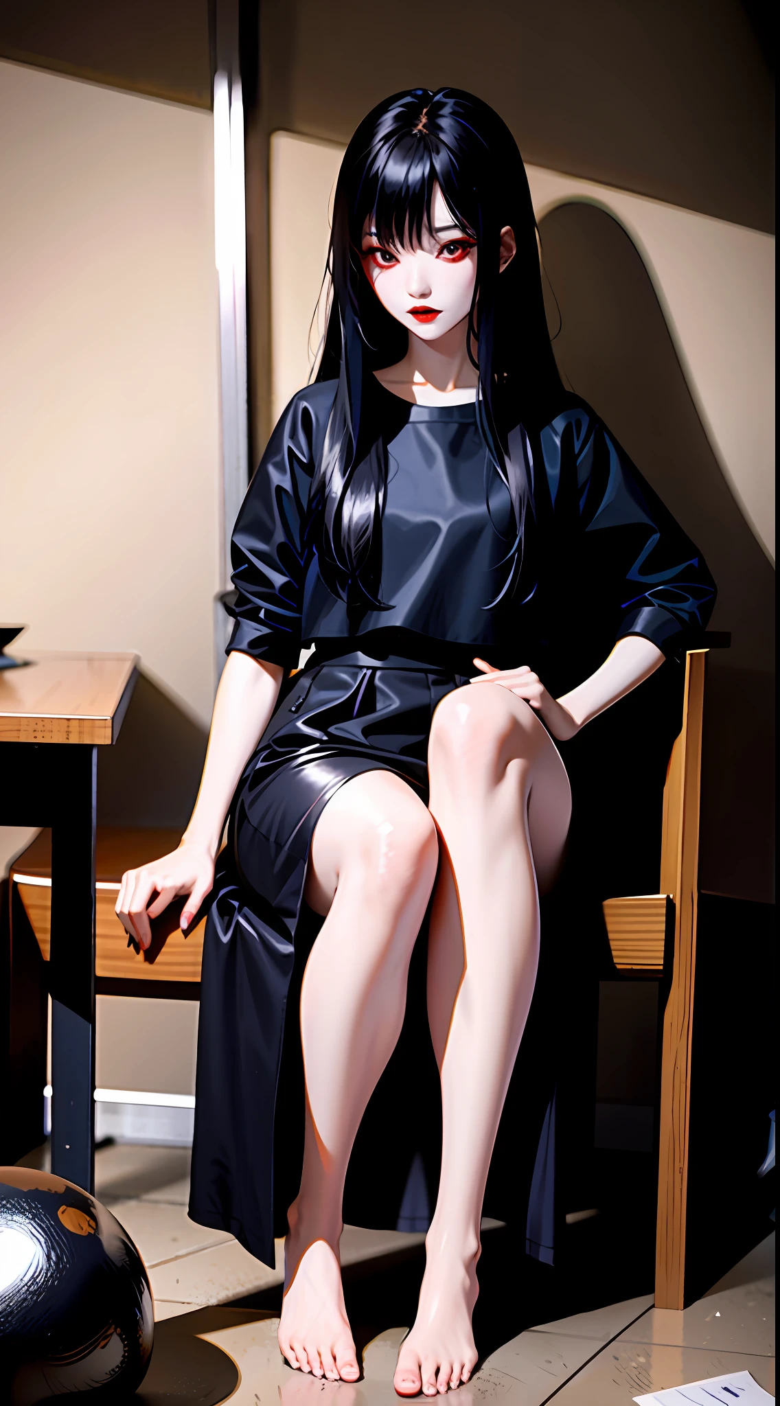 Sadako yamamura ghost woman in the direction of the viewer in an abandoned basement, she is beautiful, has pale skin, black hair, red eyes, is in black lipstick, barefoot, black leather pants