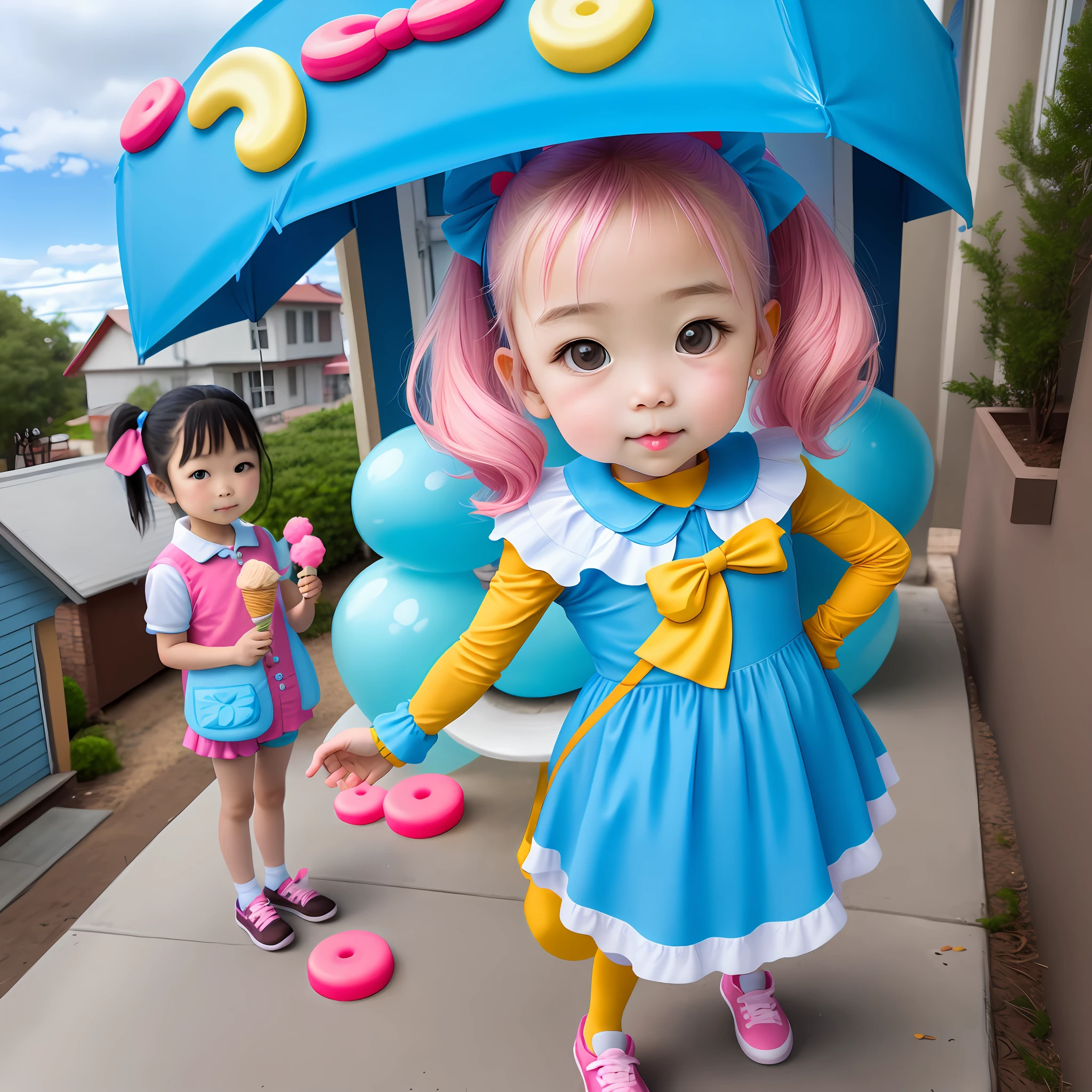 Candy costume, kids, ice cream, blue sky, lollipop, candy house, cute , double ponytail